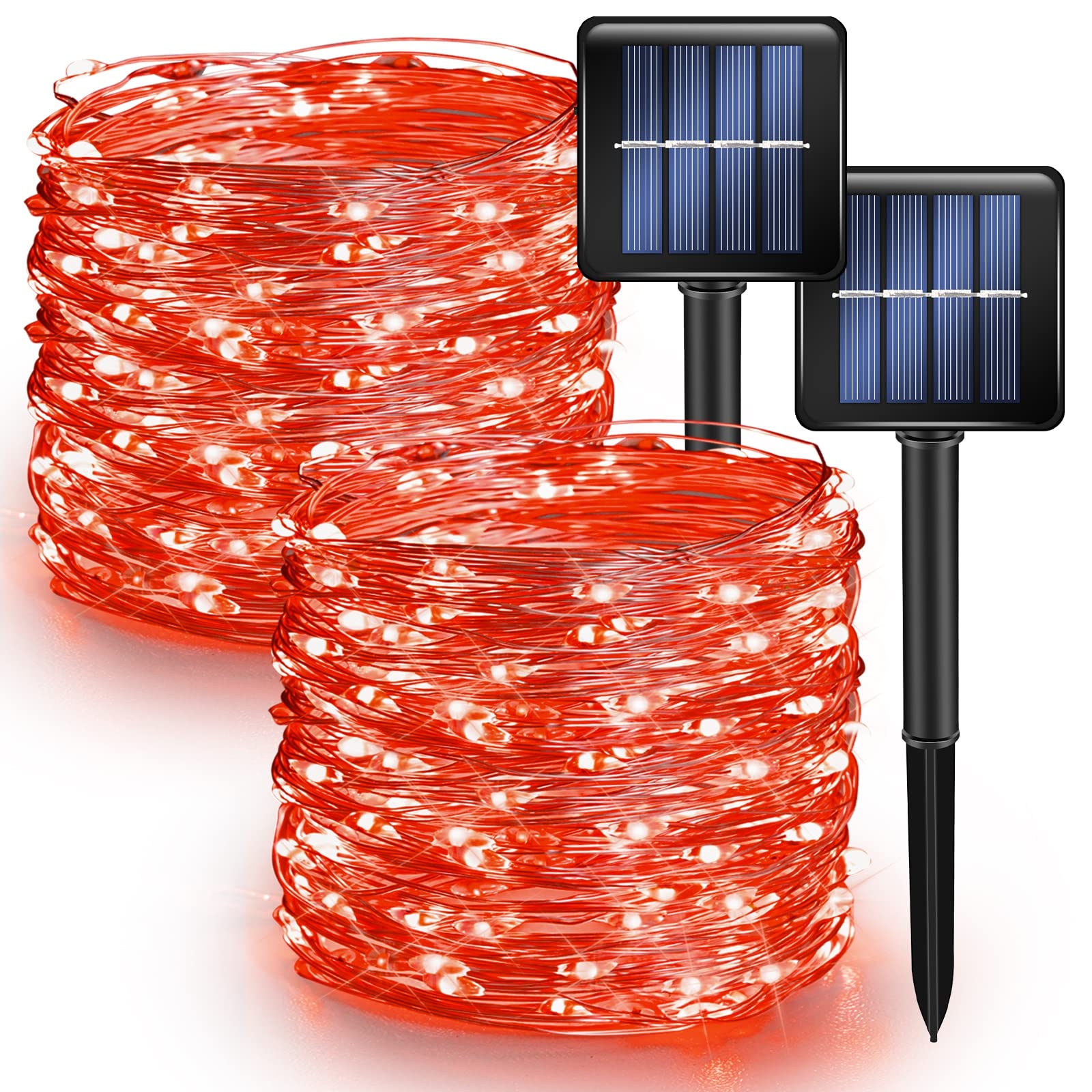 Dazzle Bright Solar String Lights, 39.4 FT, 120 LEDs, Waterproof, 8 Modes, Copper Wire, Red, Outdoor Fairy Lights for Decor