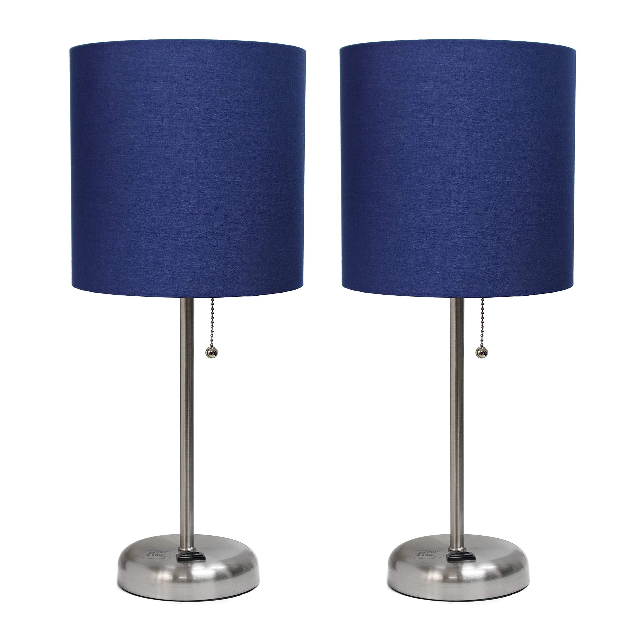 Simple Designs Lc2001-Nav-2Pk Brushed Steel Stick Table Lamp Set With Charging Outlet And Navy Blue Fabric Shades, 2 Pack Set