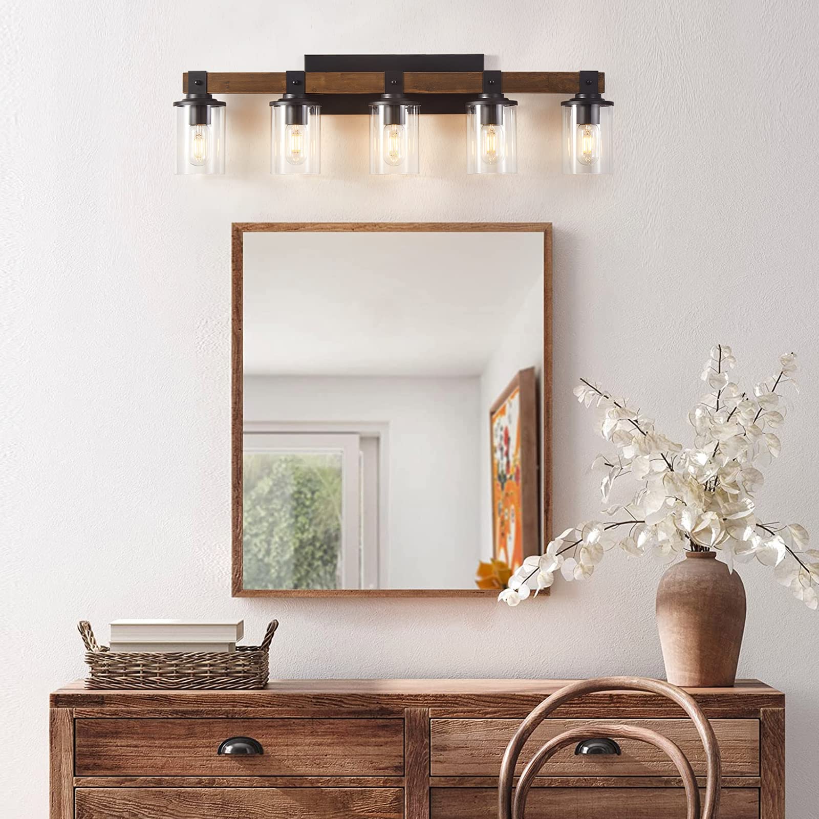Dadul 5-Light Bathroom Vanity Light, Farmhouse Bathroom Light Fixtures Over Mirror, Classic Wood Vanity Light With Clear Glass Shade, Black Wall Sconce For Bathroom, Bedroom