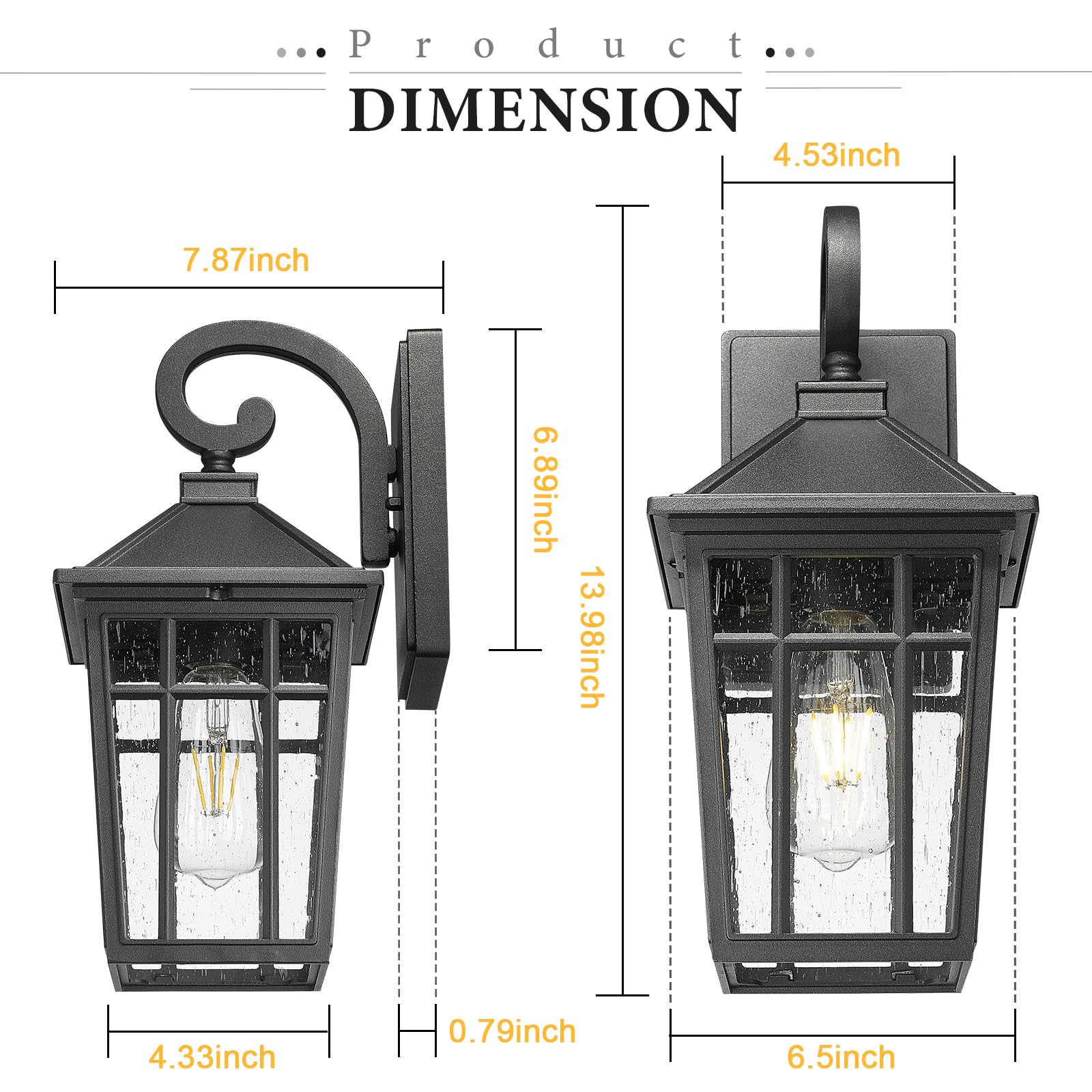 Darkaway Outdoor Wall Lights, Black Aluminum Sconce, Waterproof with Seeded Glass, Medium Size, Model 6X24B BK