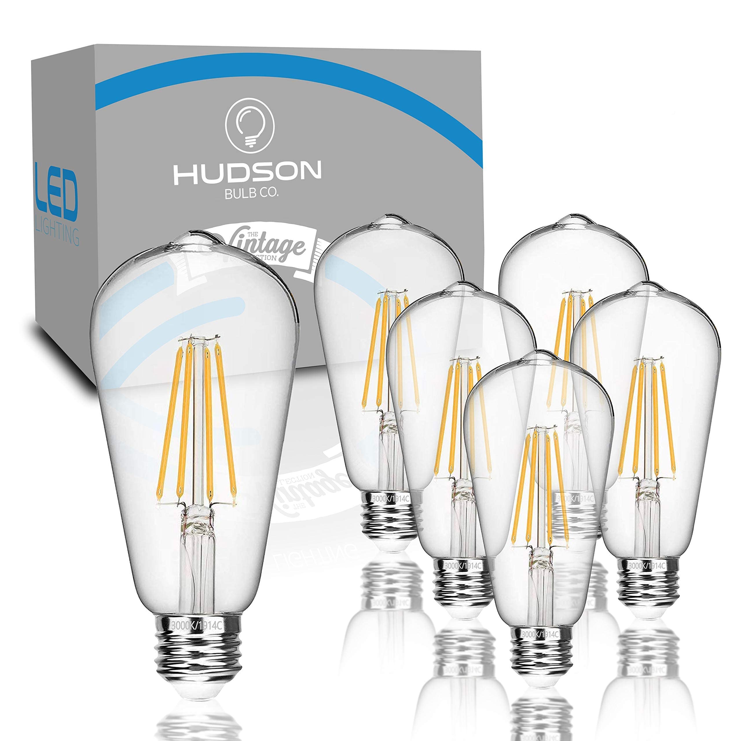 HUDSON BULB CO. Vintage LED 6W Edison Light Bulbs (6 Pack) - E26/E27 Base Light Bulbs 60 watt - 4000K Daylight White Light - ST5