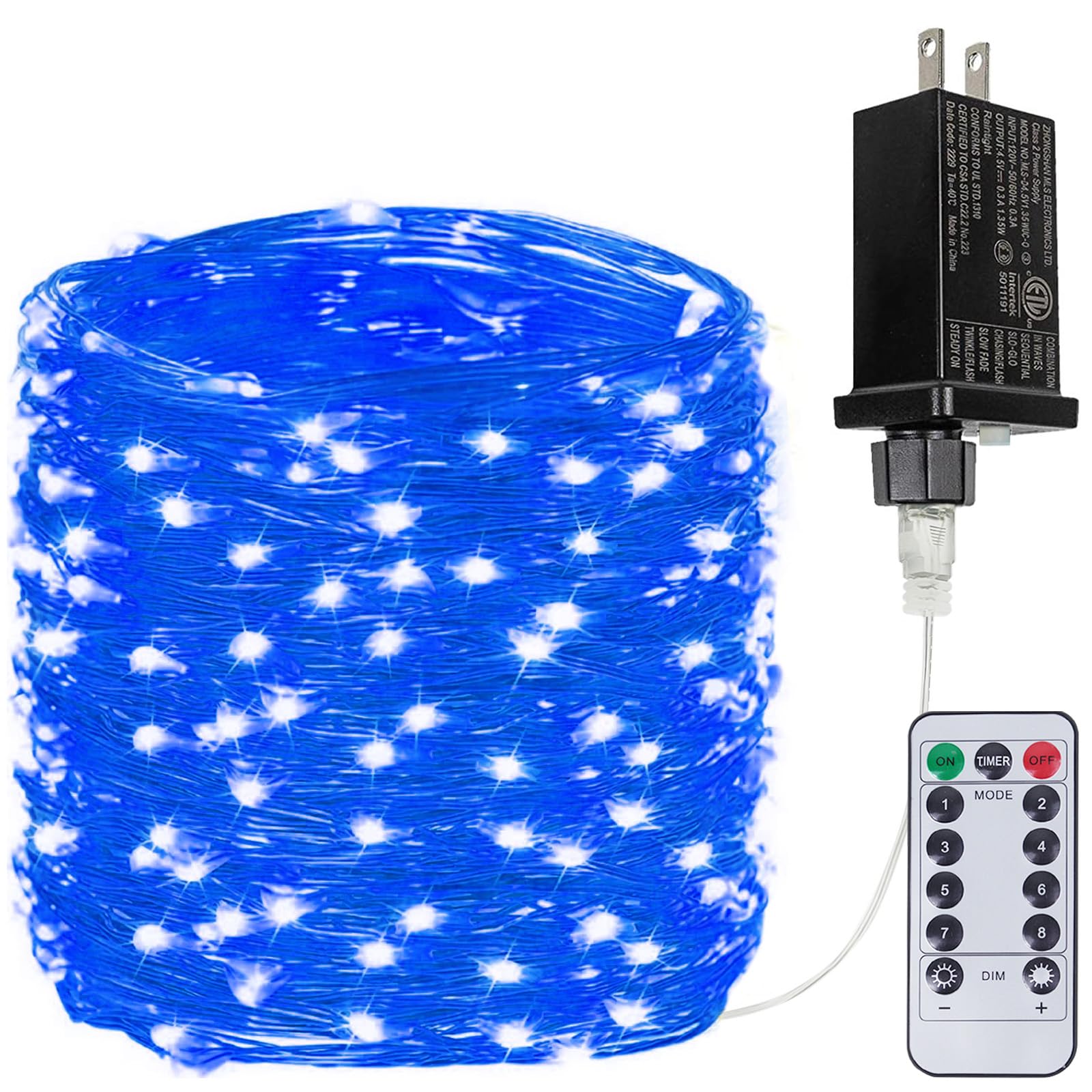 BHCLIGHT 200LED Fairy Lights, Waterproof String Lights, Remote Control, 8 Modes, 1 Pack, Blue, Model MLS-D4.5V1.35WUC-O