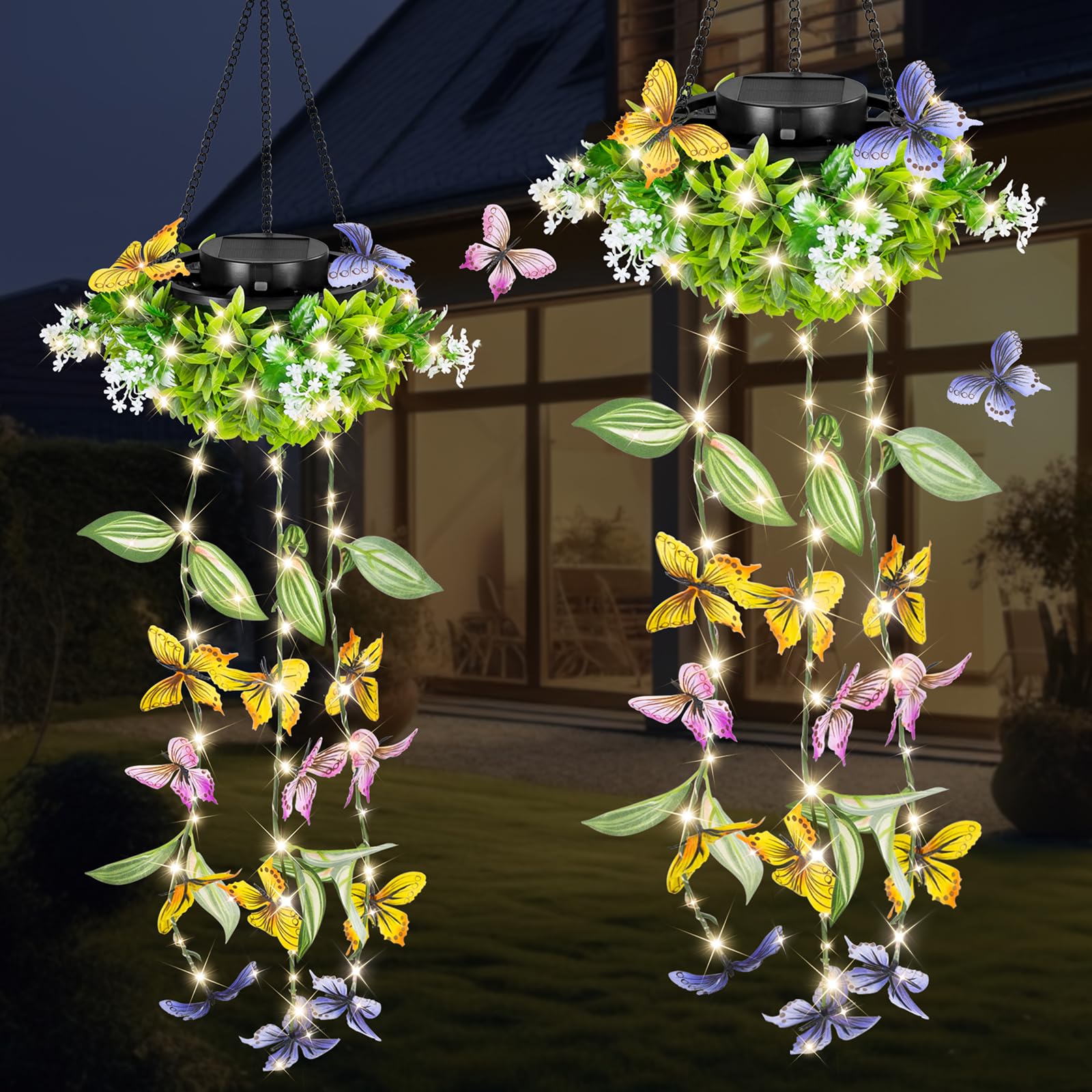 Solar Hanging Garden Lights - 2 Pack  Artificial Butterfly & Flower Led Fairy String Lights  Ip65 Waterproof Outdoor Festive Decor For Patio  Porch  Garden  Yard  Warm Gift For Mom  Family & Friends
