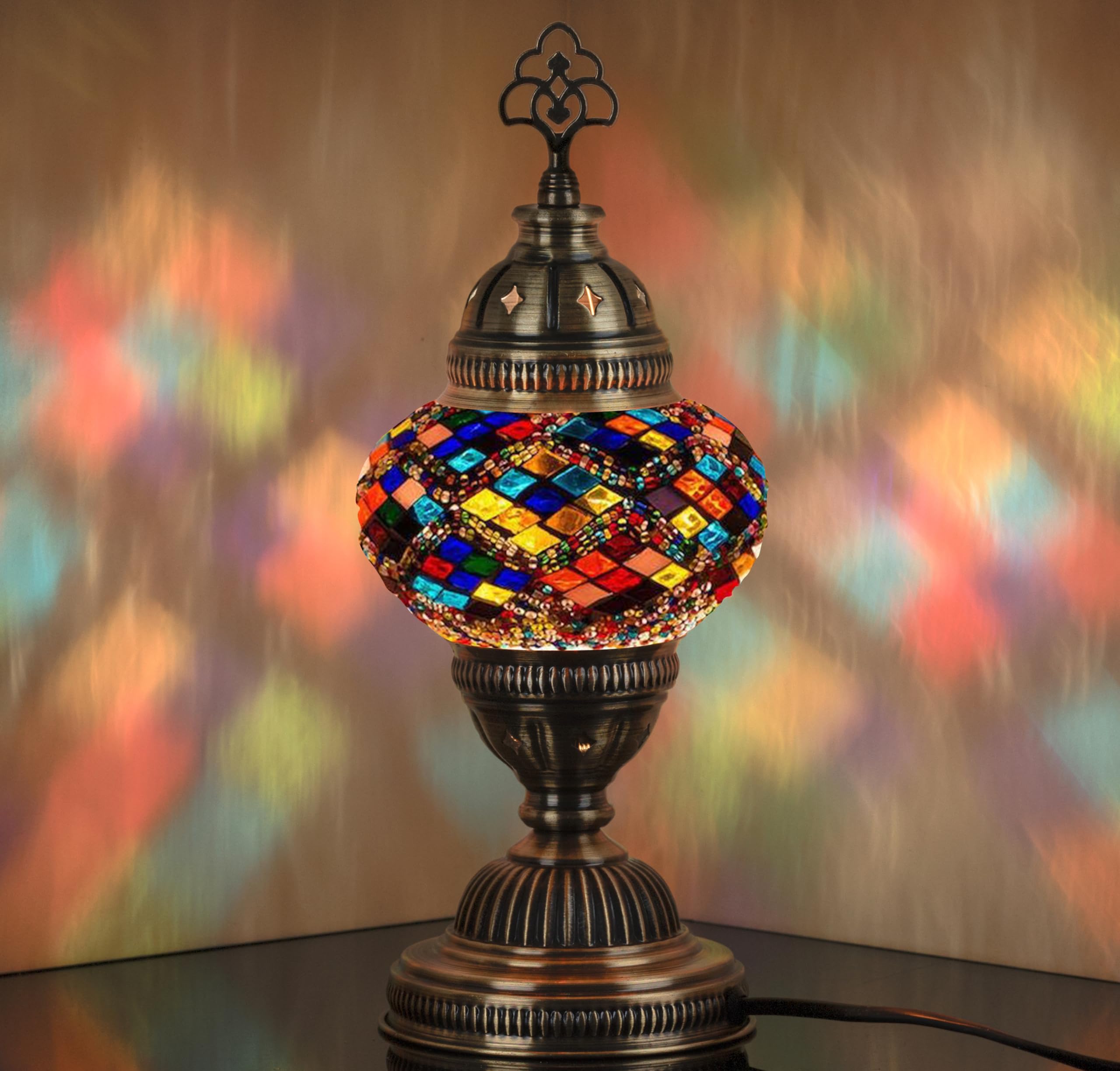 DEMMEX Authentic Turkish Lamp, Made in Turkey, Colorful Mosaic Glass Turkish Moroccan Table Desk Bedside Lamp Lampshade with Ant