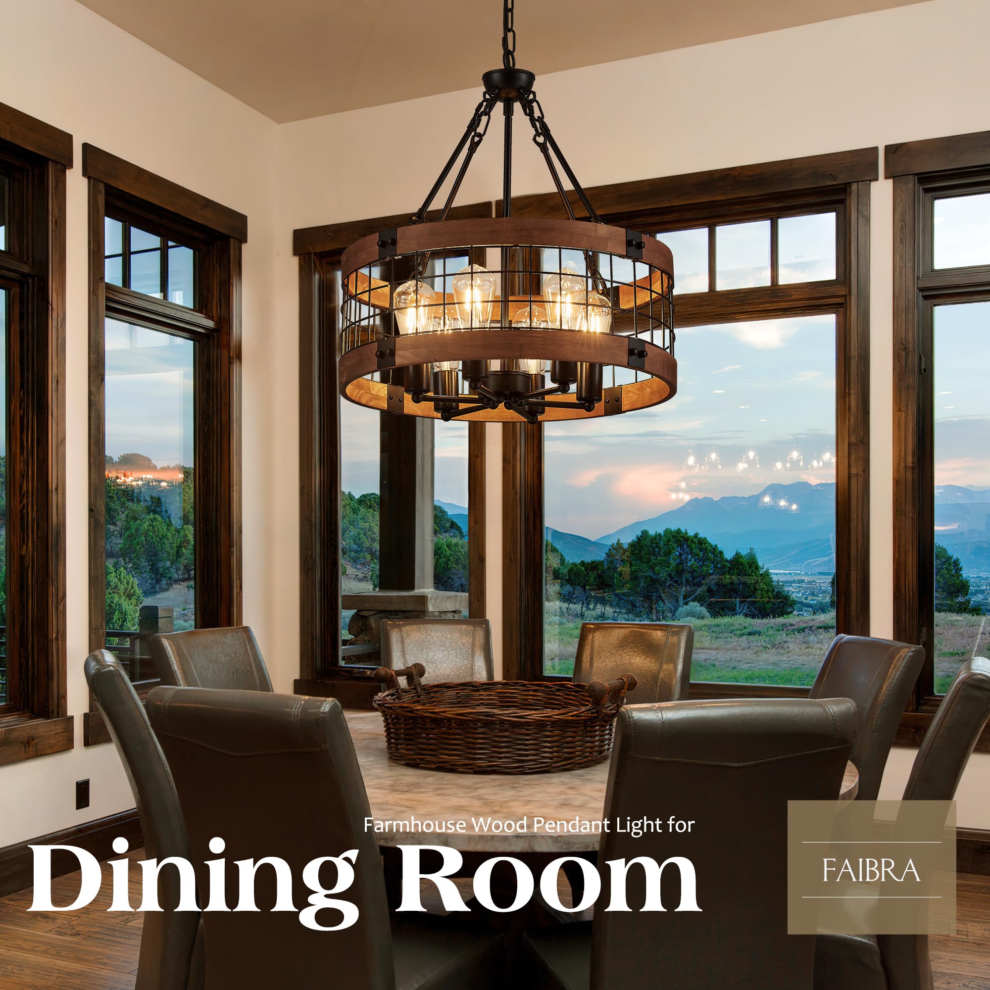 Faibra 6-Light Farmhouse Drum Pendant Light - Vintage Rustic Brown Oak, 20.55in, Ideal for Dining Room, Entryway, Bedroom