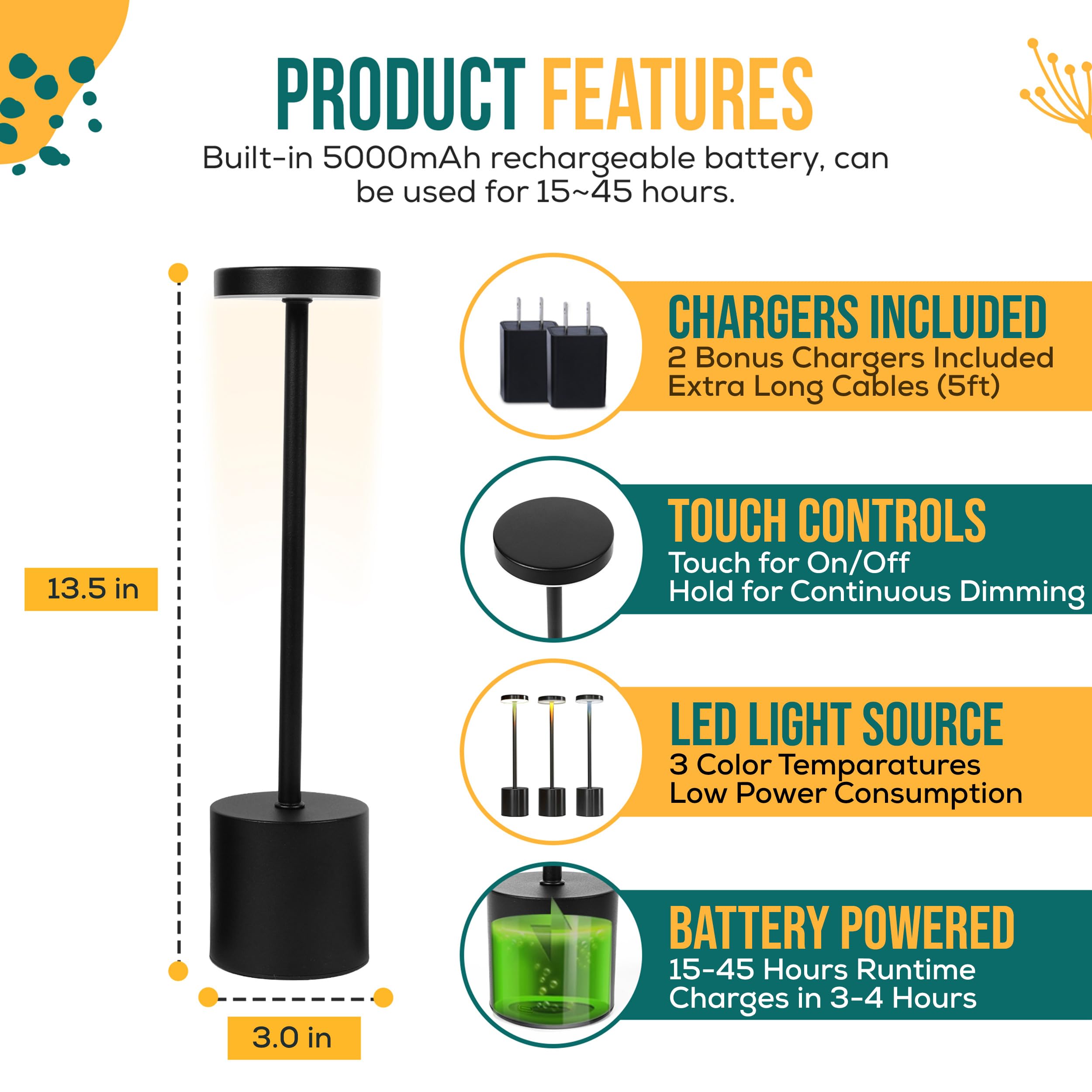 Cordless Table Lamp Pack Of 2 (Black) Rechargeable Lights - Set Of 2 Usb Chargers Included - Led 3-Color Dimmable Lamps For Rest