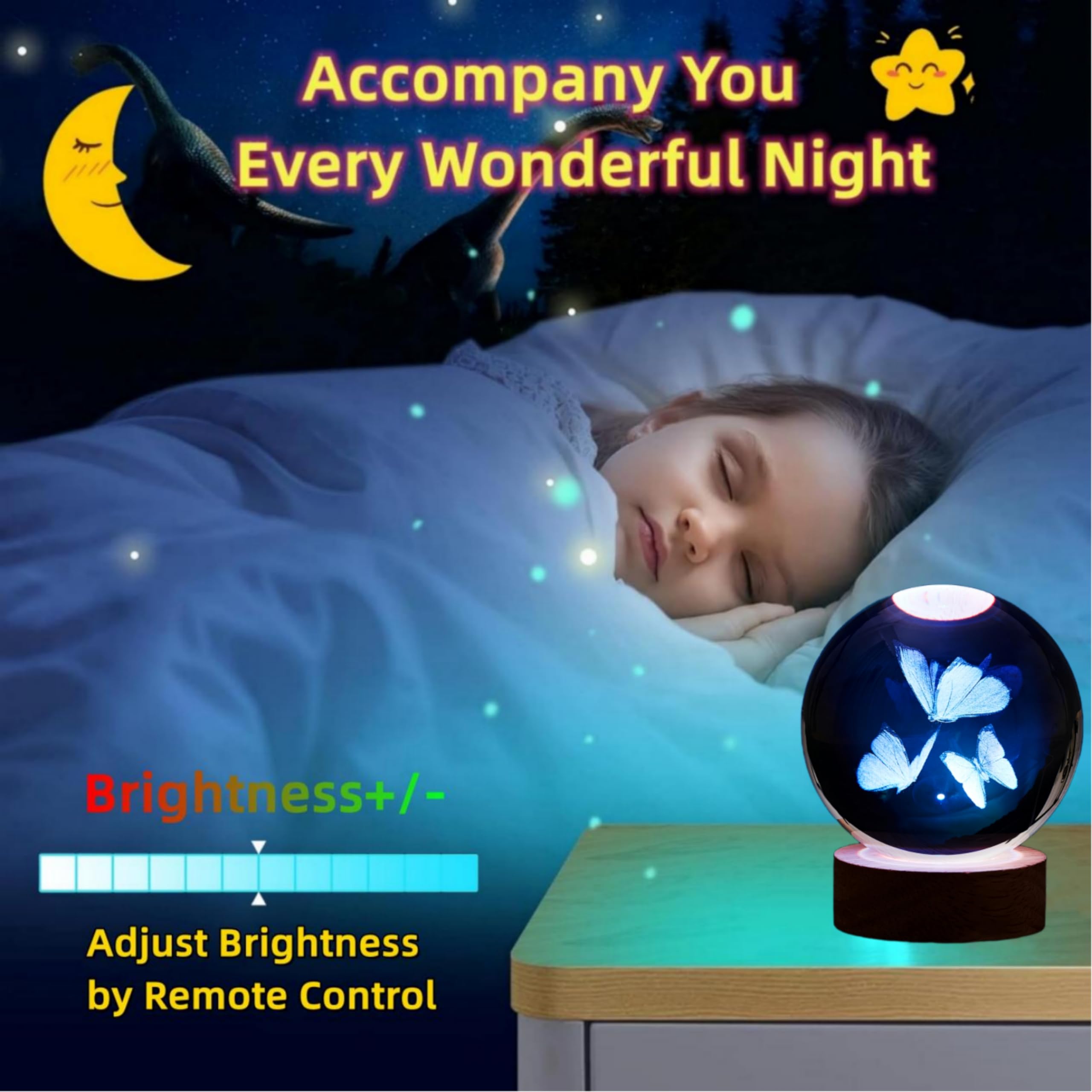 DIGFPWT Butterfly Crystal Ball Night Light, 3.15 Inch, 16 Colors with Remote, Crystal Material, Gift Box Packing