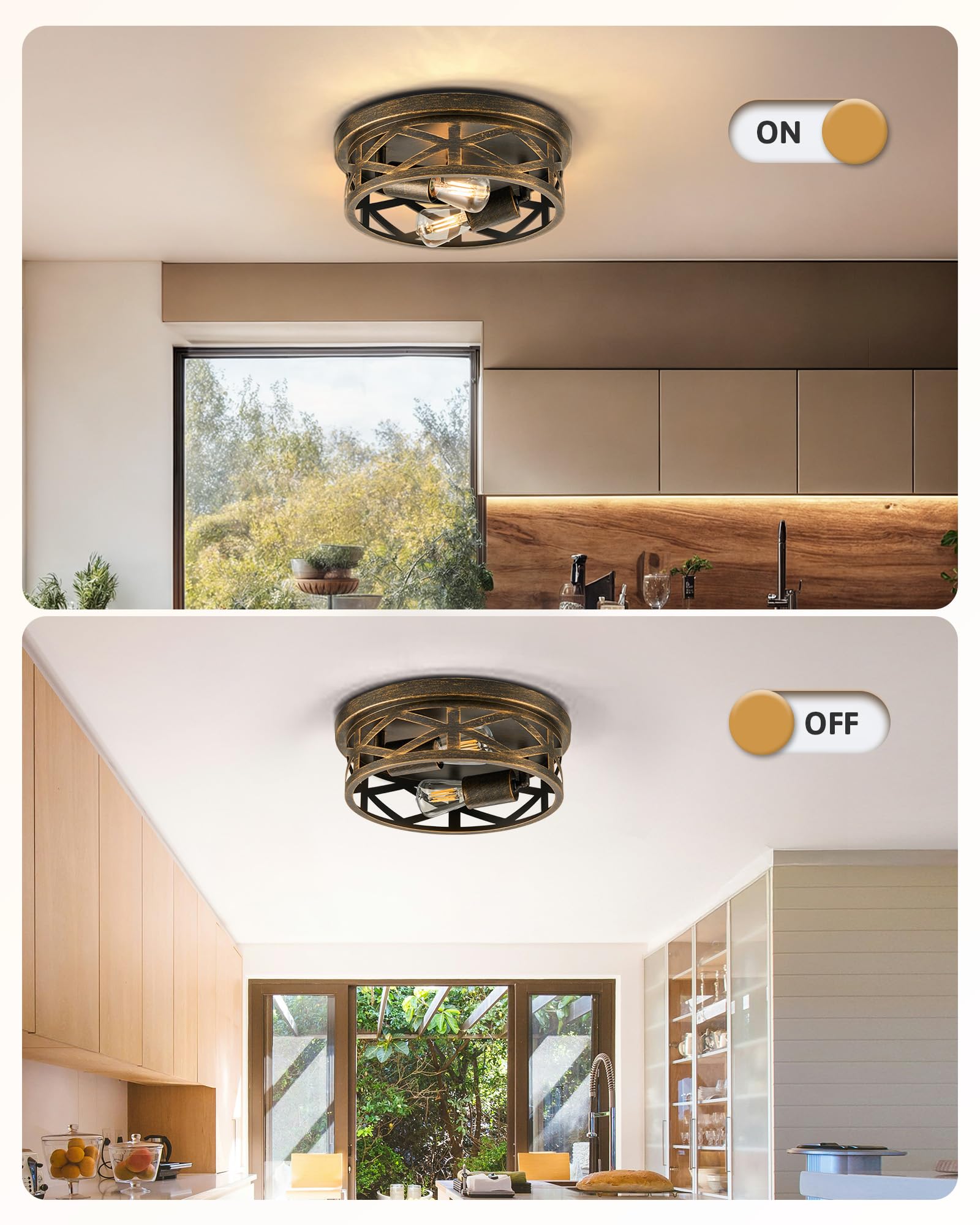 Vonluce Flush Mount Ceiling Lights, 2-Light Hallway Ceiling Lighting Fixtures, 11 Inch Farmhouse Metal Cage Ceiling Lights For E