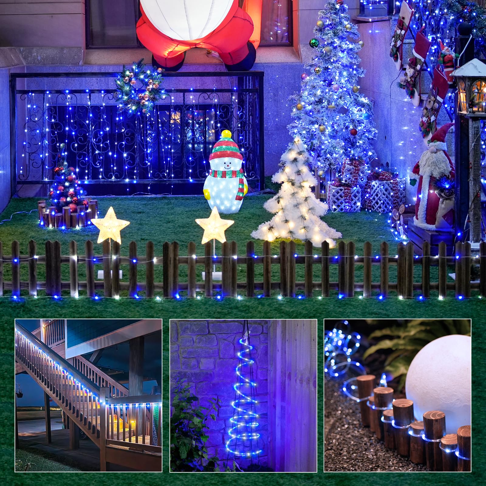 JMEXSUSS Rope Lights 200 LED 66ft Battery Operated String Lights, Waterproof, Blue & White, Remote Control, Model Rope100B