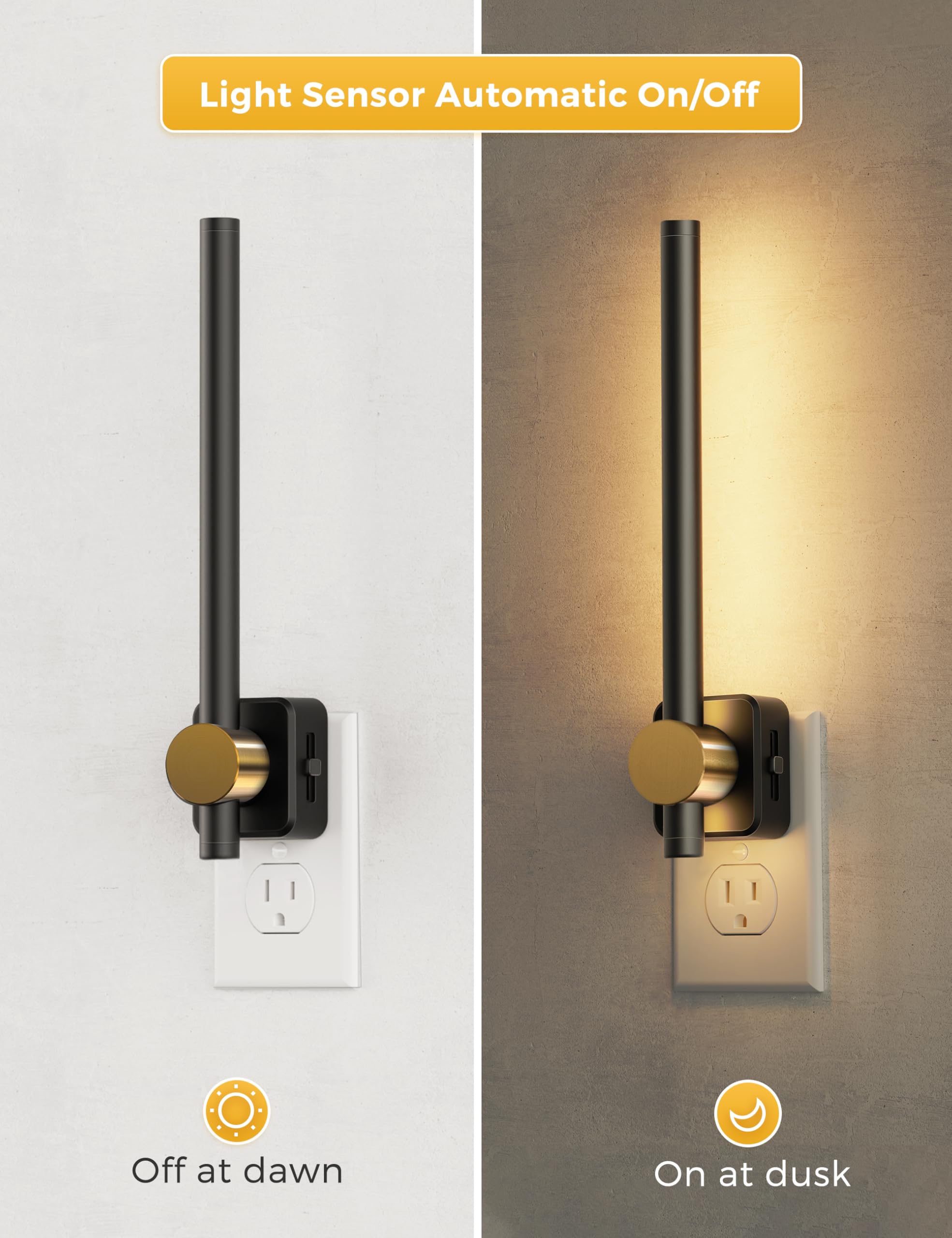 L Lohas Led Night Light, Night Lights Plug Into Wall, Dimmable Night Light 0-200Lm, Nightlight Black And Gold Vanity Light Bar F
