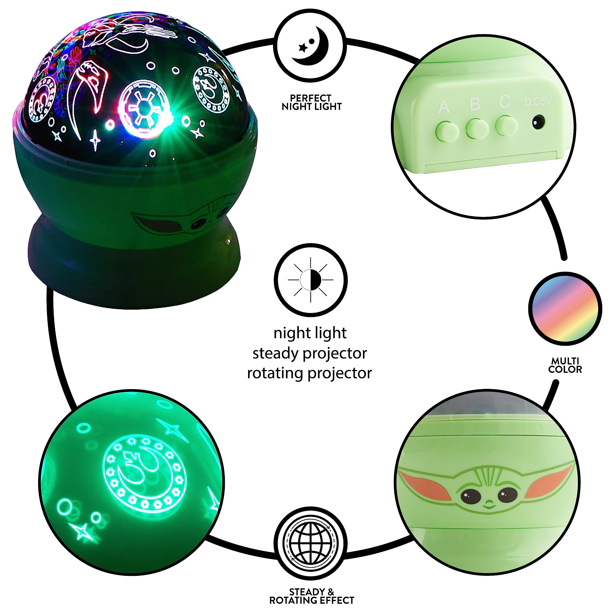 Idea Nuova Kids Lamp - Star Wars The Mandalorian Grogu LED Projection Nightlight, 4.88"x4.88"x5.5", Plastic