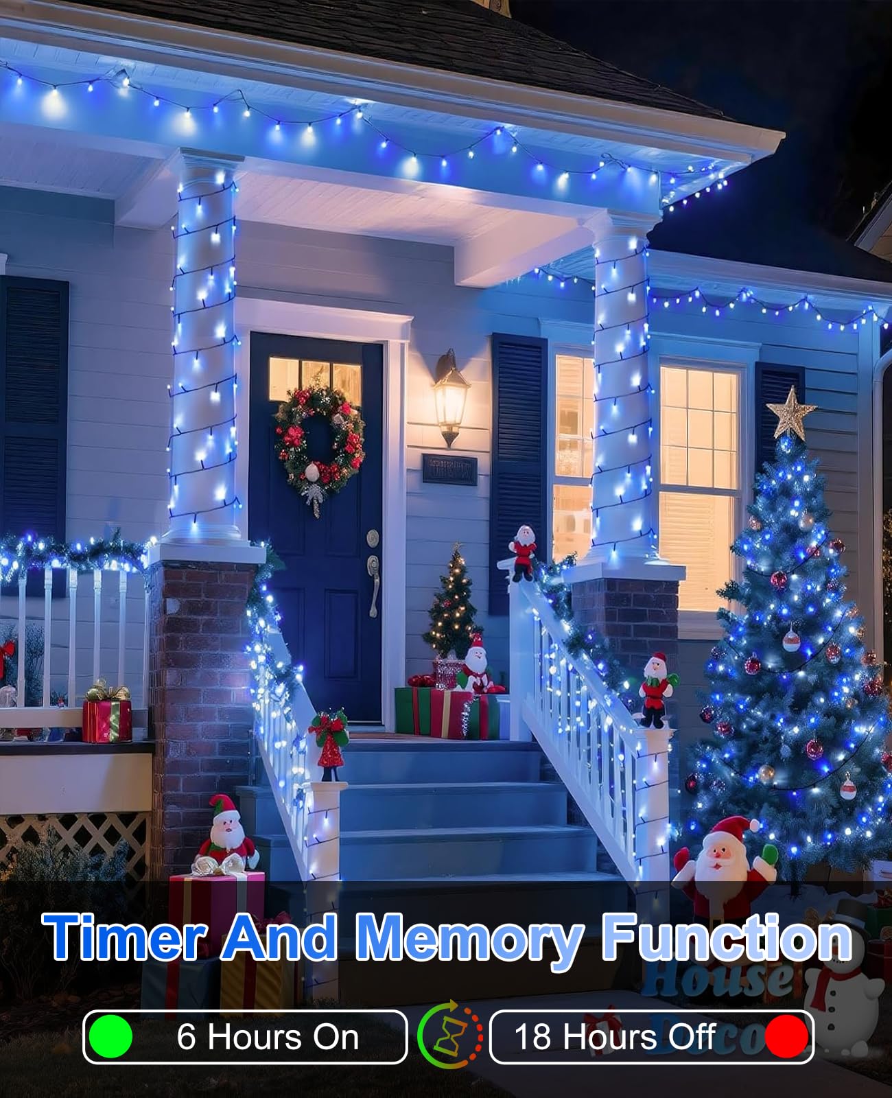 Xmasbokeh Blue White Christmas Lights Outdoor  80Ft 240 Led Christmas Tree Lights Waterproof Plug In  8 Modes Connectable Christmas Decorations Green Wire For Indoor Bedroom House Patio Holiday