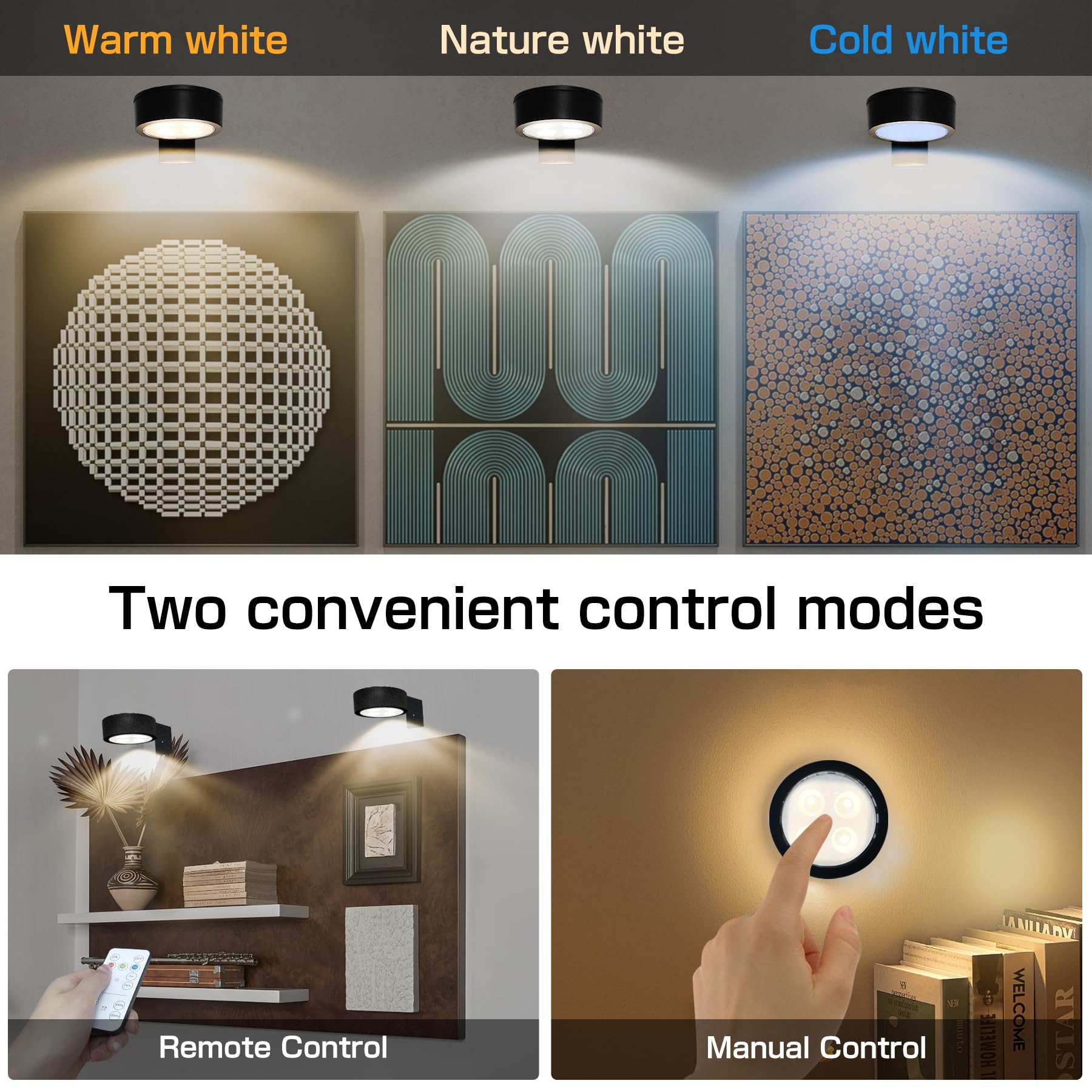 Xuolder 2-Pack Battery Operated Picture Light, Black LED Puck Lights with Remote, Dimmable & Timer for Art Display, 5-Inch