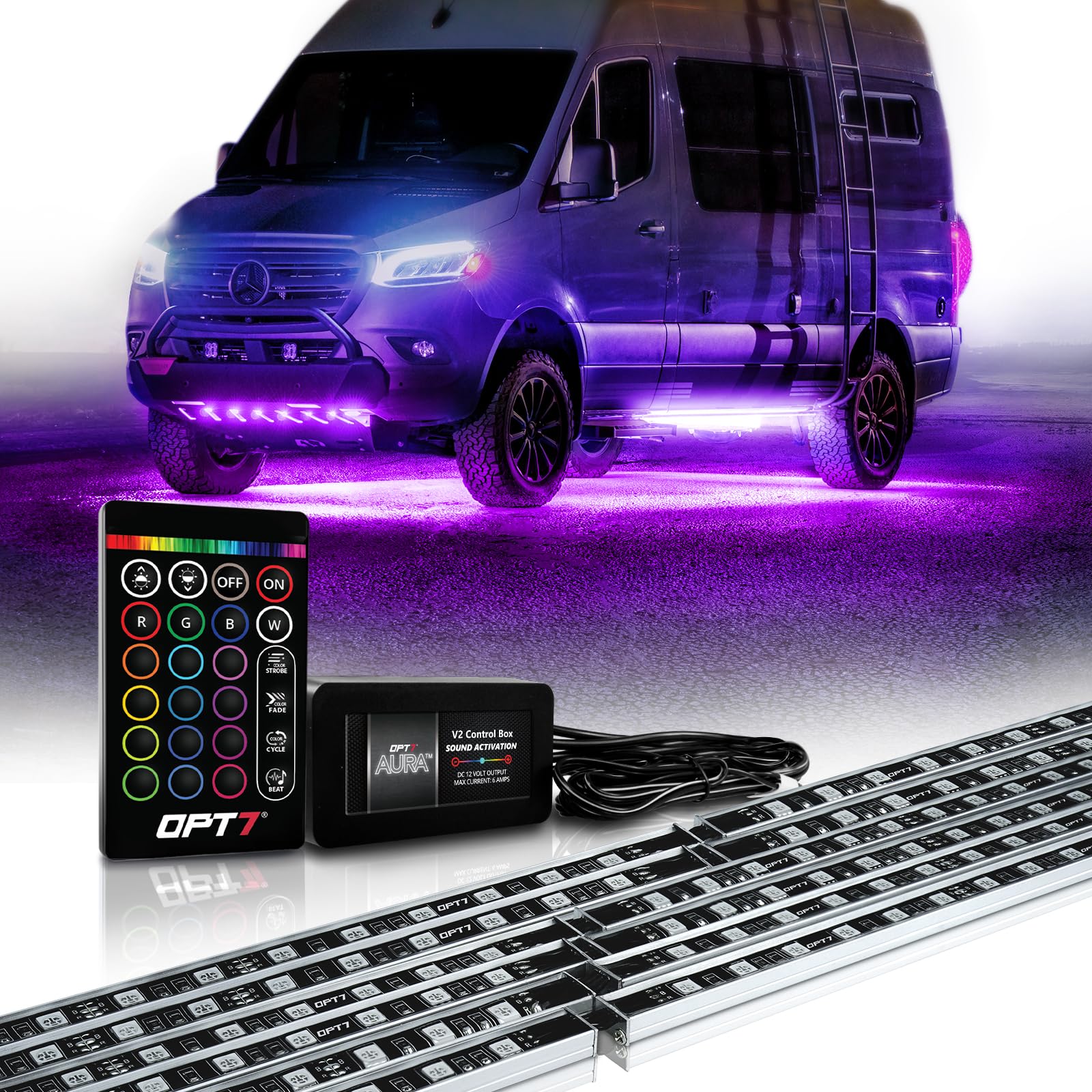 OPT7 Aura LED Underglow Lights for RV Camper Van, 12V Waterproof, RGB Multicolor, Model AURA-UNDERBODY-RGB-CLASSB-12PC-G3-M