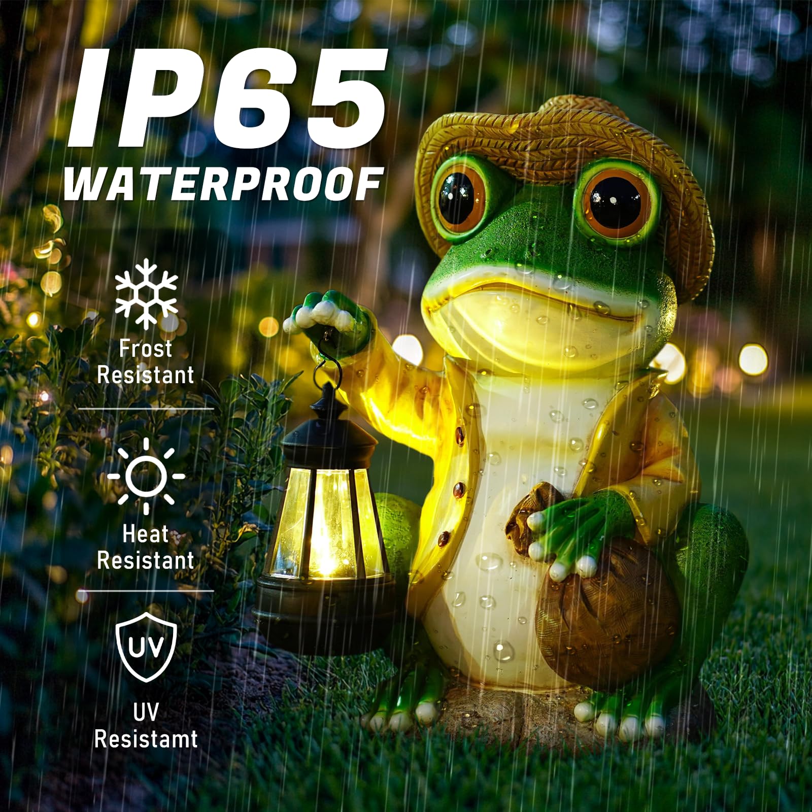 Pohabery Frog Garden Statue, 13.3in Tall Resin Decor with Solar Lantern, Green Frog