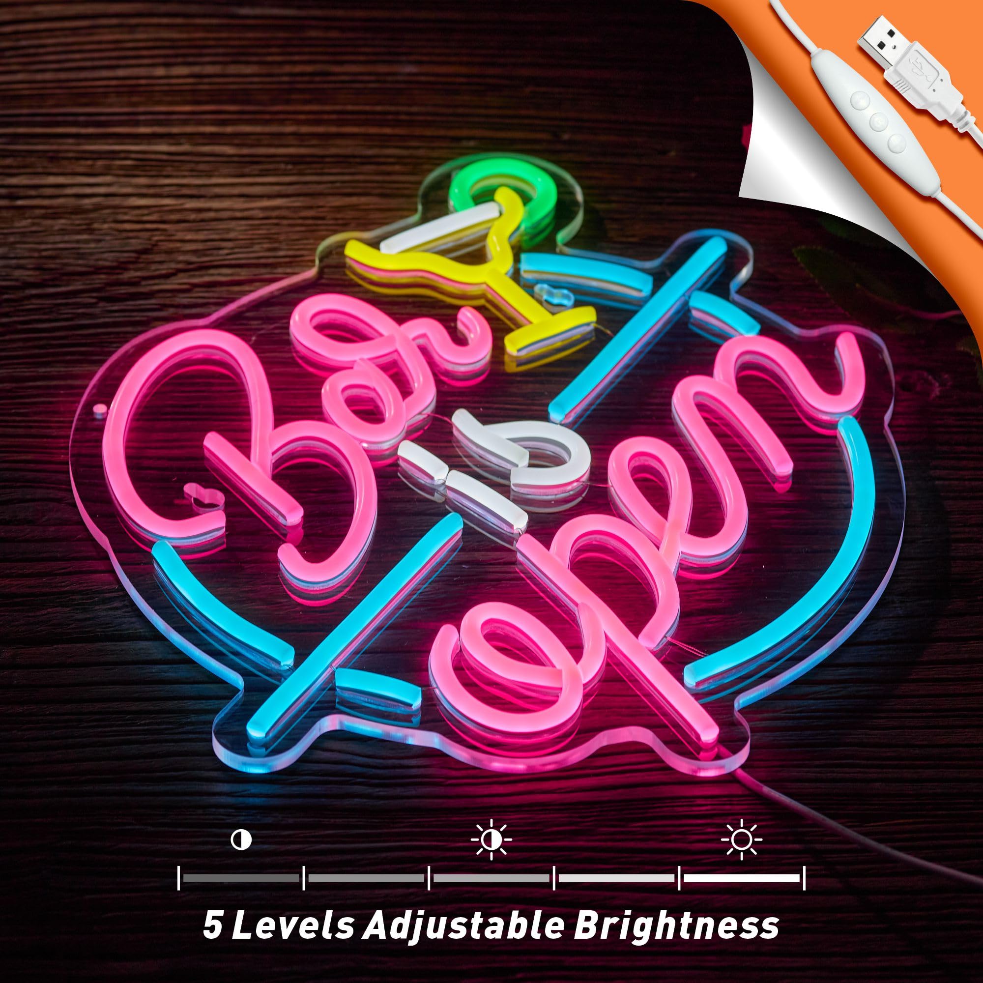 NEONLAND Bar Open Neon Sign LED Light for Wall Decor, Dimmer, 14.2inx13in, Pink/Blue/Yellow, Model: NEONLAND Bar is open