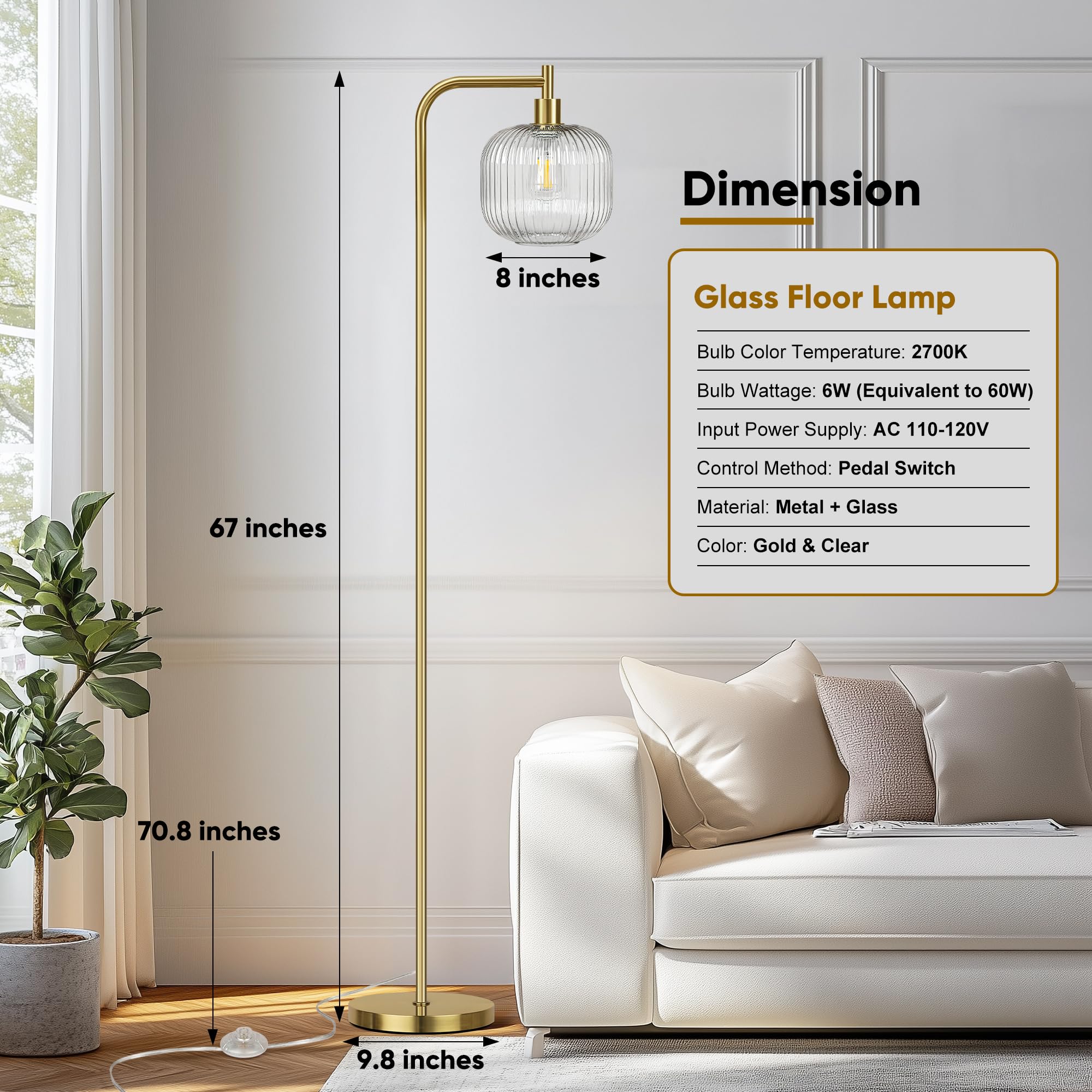 QiMH Modern Glass Floor Lamp, 67” Tall, Brushed Gold & Clear, Ribbed Shade, Model STR-FL-0096, Perfect for Living Room & Bedroom