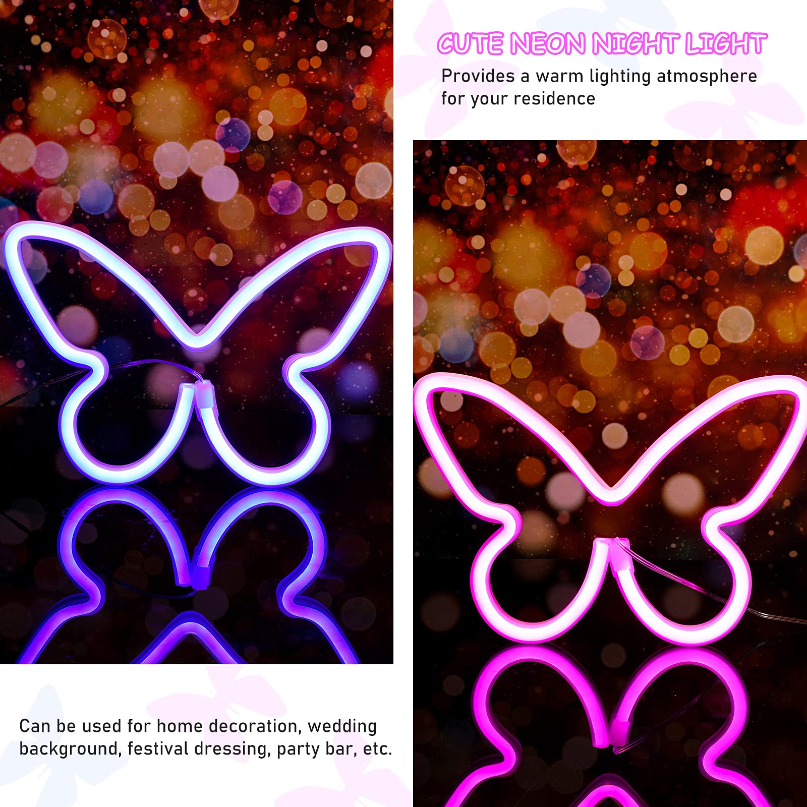 Riakrum Butterfly Neon Signs LED Light, 3AA Battery/USB, Pink & Blue, Wall Decor for Home, Bedroom, Party, Model Riakrum-Signs Butterfly LED-026