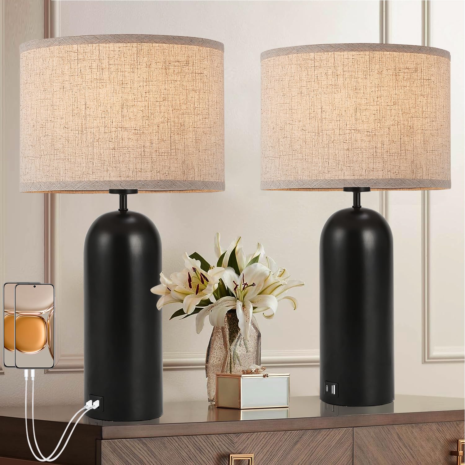 Table Lamps Set of 2 Touch Control Black&Cream Table Lamps 3-Way Dimmable Lamps with USB A+C Ports Modern End Table Lamps for Li
