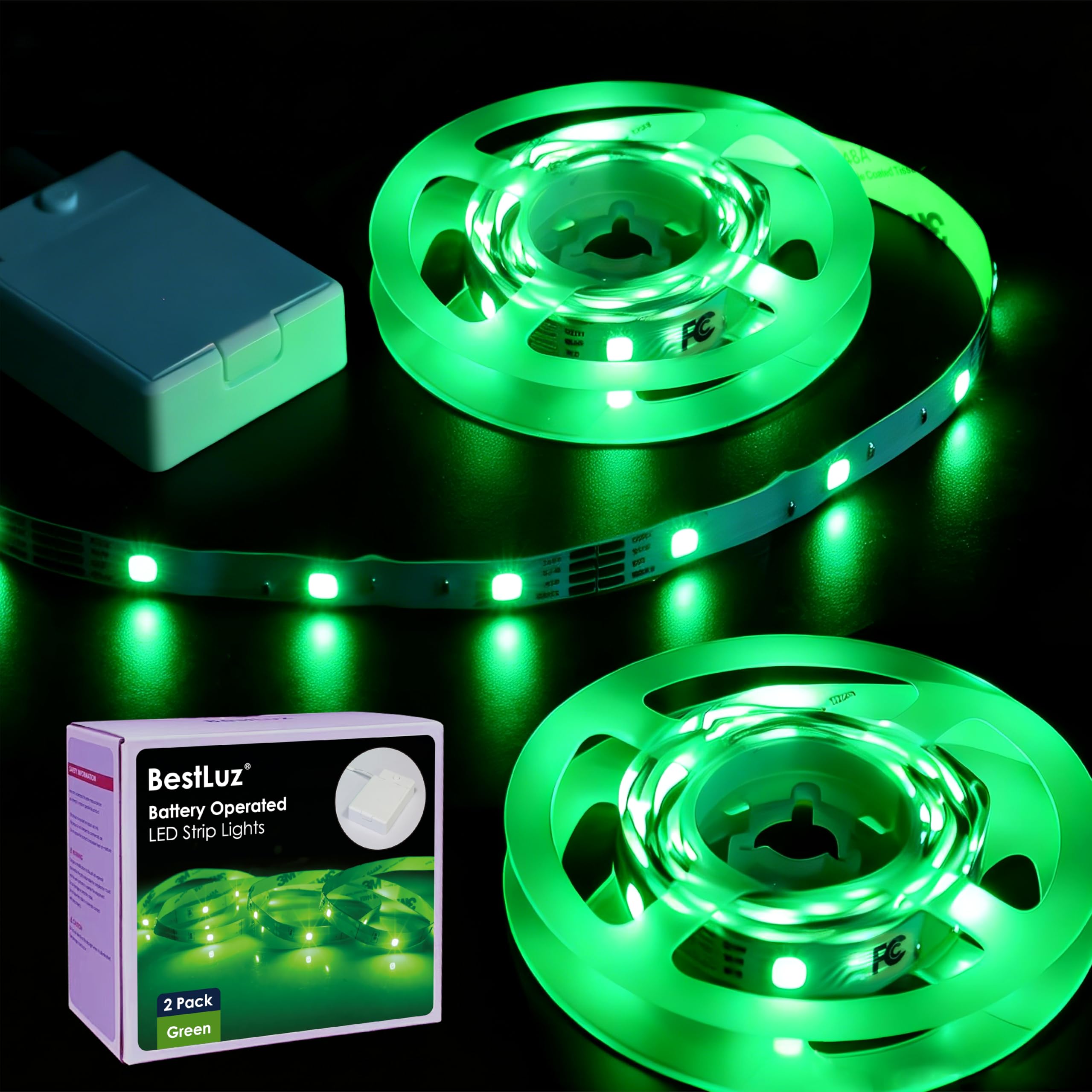 BestLuz Battery Powered LED Band Lights 2X 3.33ft Flexible Green Light Band for Bedroom Room Decor  Lighting for Cabinet Shelf Closet TV Backlight