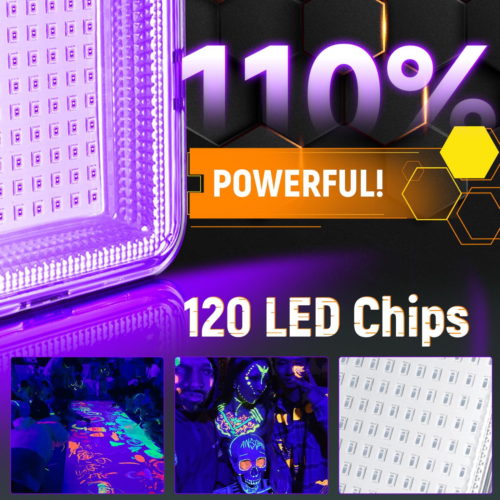 LED Black Ligh,Rechargeable 5000mAh 120 UV led, IP65 Waterproof & Magnetic, Long Runtime Ultraviolet Light for Neon Glow Party,