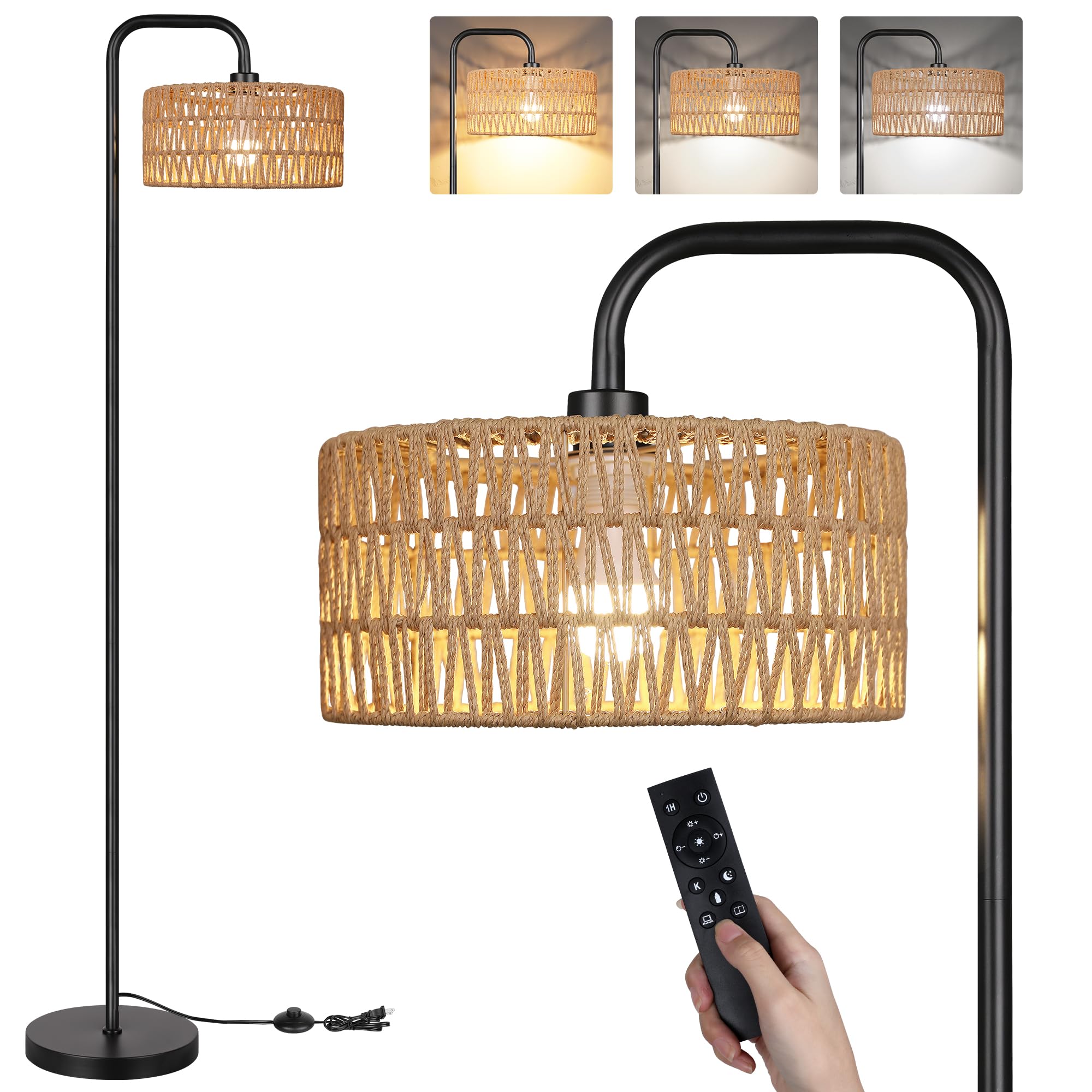 Partphoner 68'' Farmhouse Floor Lamp With Remote, Rattan Shade, 3 Color Temperatures, Black