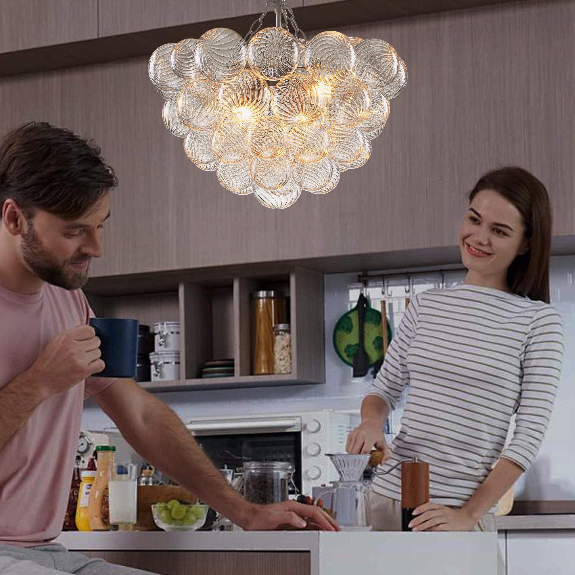 Beypan Bubble Glass Ball Chandelier Nickel Finish Light Fixtures Swirled Clear Ribbed Globe Blown Glass Chandeliers 20'' Dia Sma