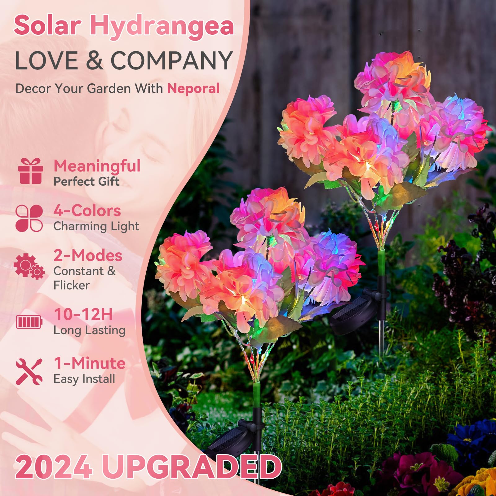 Neporal Solar Flowers Hydrangea, 5-Head Outdoor Lights, Waterproof IP65, 2 Packs, 4-Color Light, 2 Lightning Modes
