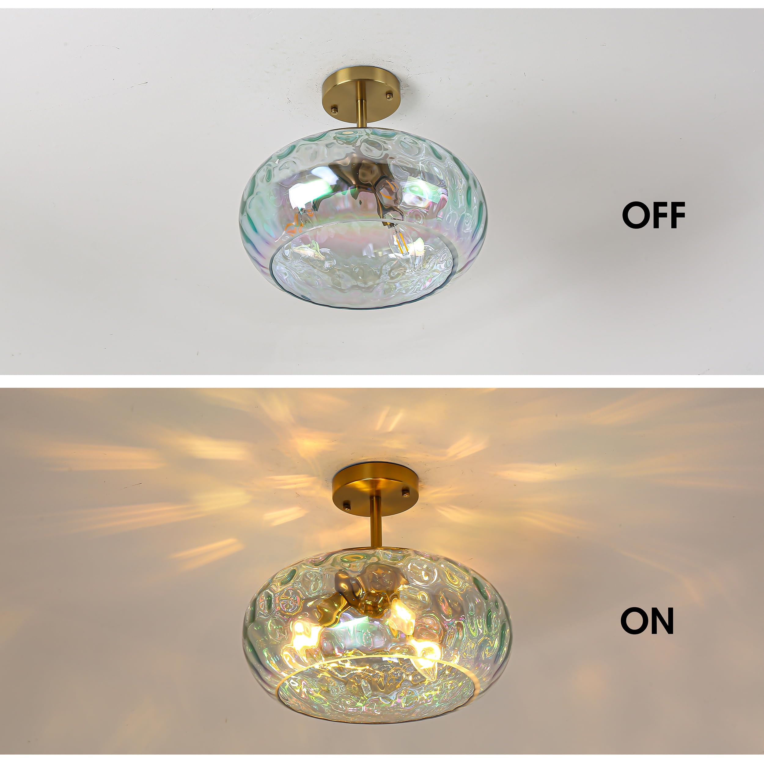 Semi Flush Mount Ceiling Light, 14'' Large 3-Lights Ceiling Light Fixture With Iridescent Hammered Glass Shade, Modern Chandelie