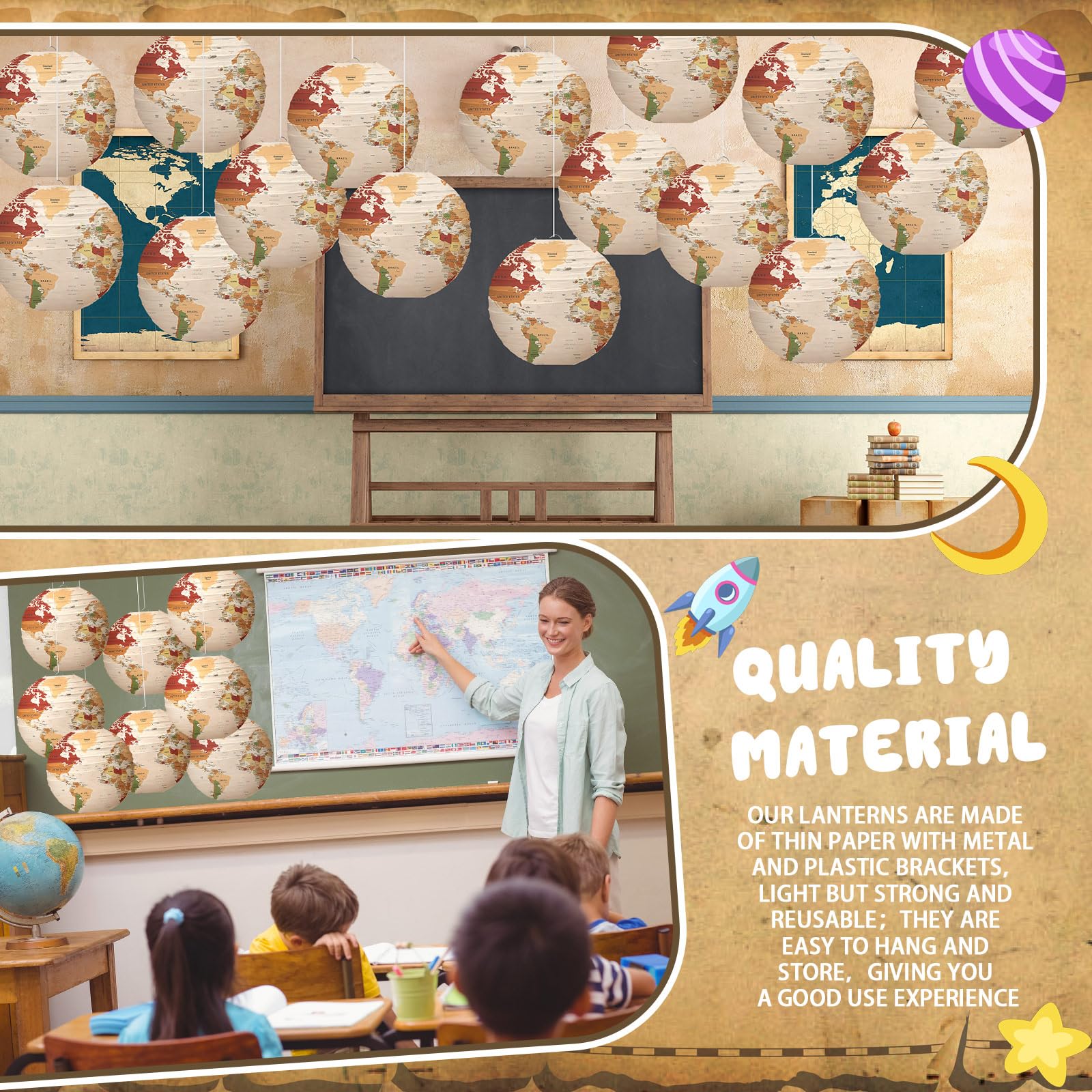 Bencailor 16 Pcs 12 Globe Decor Hanging Paper Lanterns, Earth Day Decorations, Around The World Travel Theme World Map Classroom