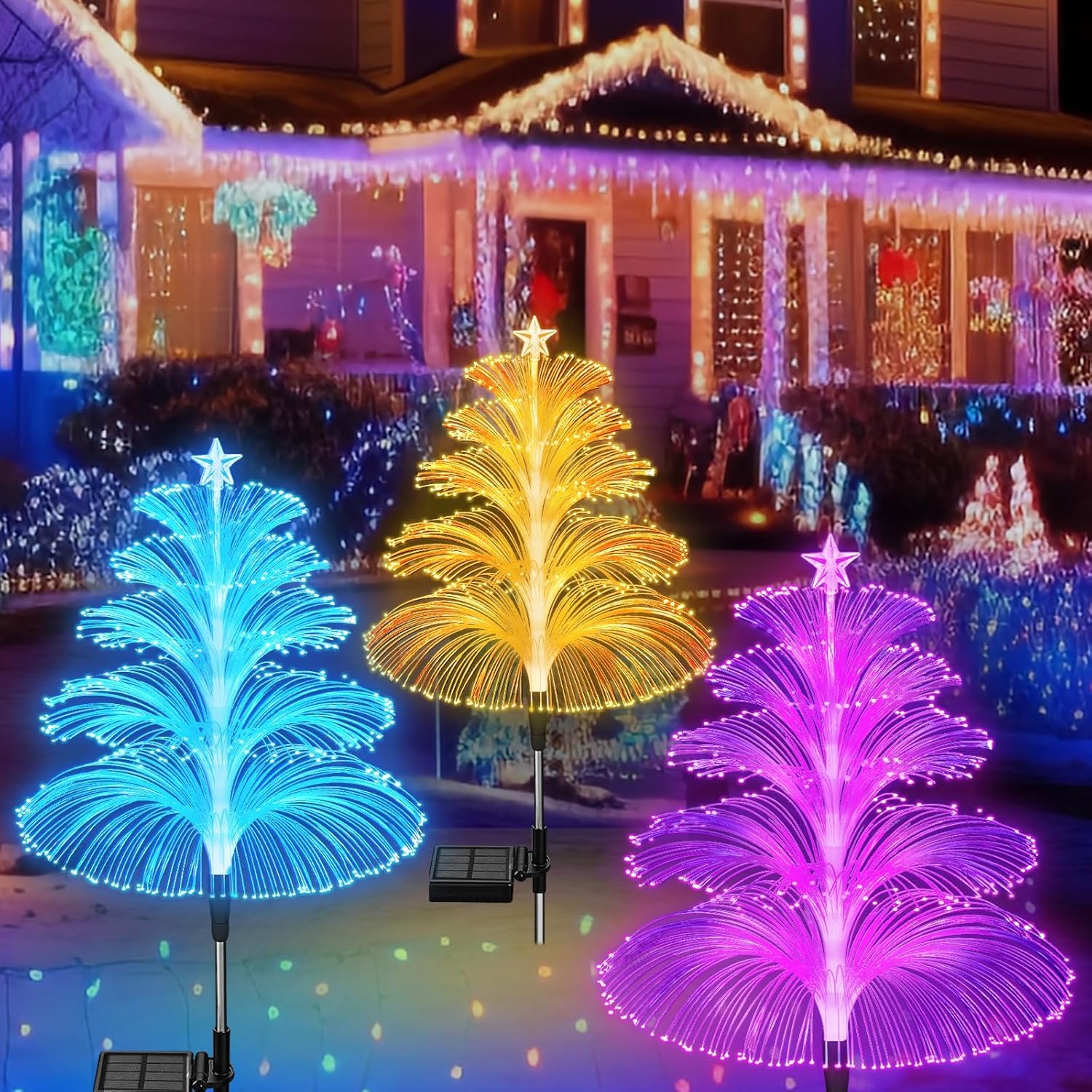 cltowany Solar Christmas Decorations Trees Lights Outdoor Waterproof Solar Christmas Tree Jellyfish Lights 5 Layer Optical Fiber 7 Color Changing for Pathway Lawn Patio Outside Decorative  3PCS