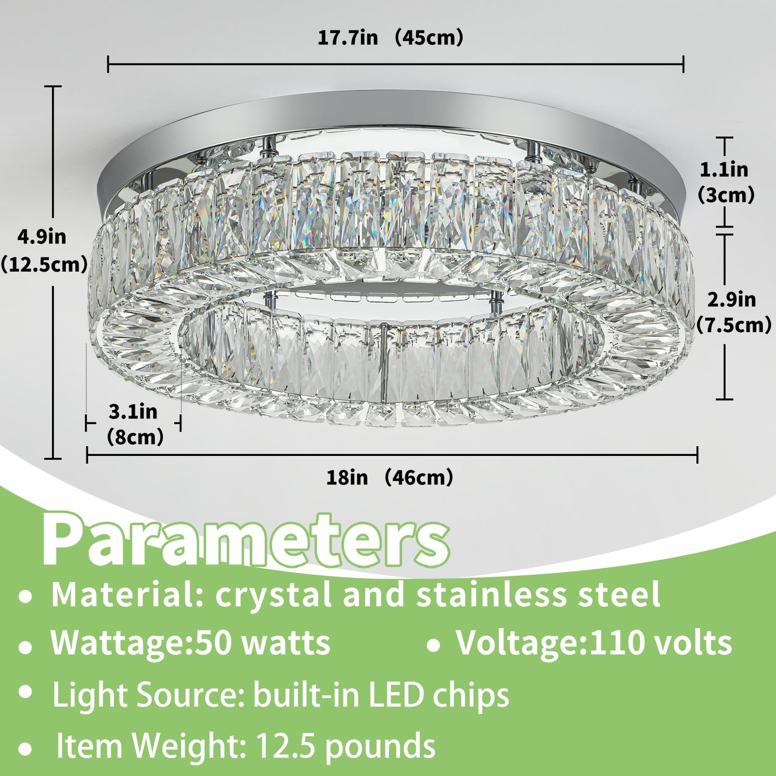 Hopggie 18'' Dimmable Chandelier With Remote Control Led Ceiling Light Flush Mount Ceiling Light Fixtures Large Crystal Chandeli