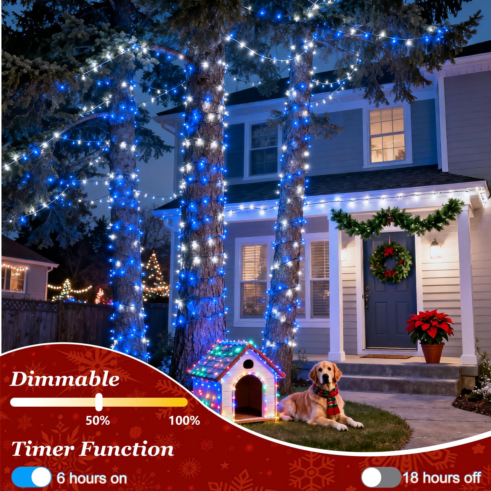 750 Led Christmas String Lights Outdoor  240Ft Twinkle Fairy Lights With Timer & Memory  12 Modes Dimmable Waterproof Tree Light For House Patio Wedding Party Christmas Decororations  Blue & White