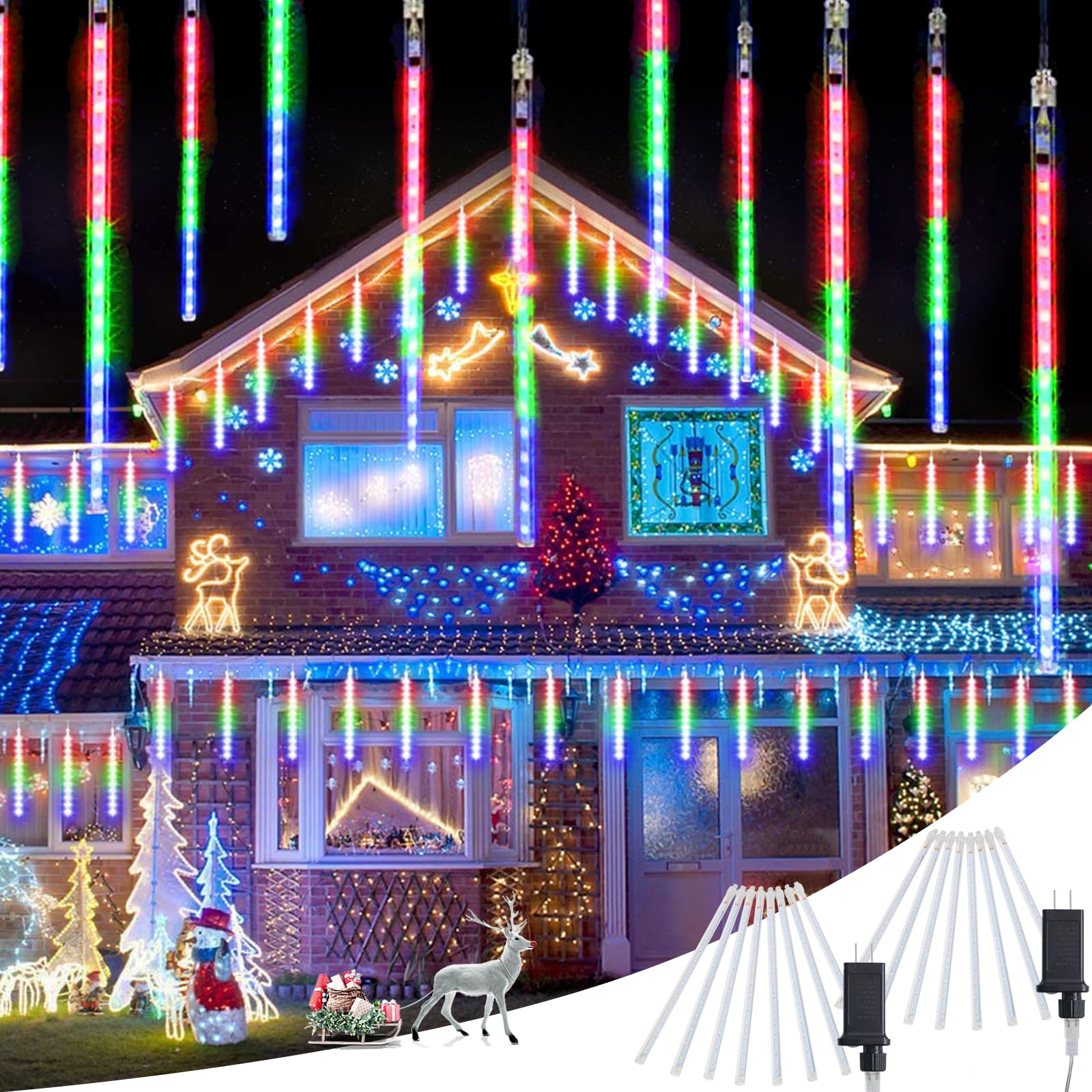 JMEXSUSS 2 Pack Multicolor Meteor Shower Lights Outdoor, Each 8 Tube 192 LED Christmas Lights, Waterproof Plug in Icicle Lights for Outside Tree Xmas Party Patio Decoration