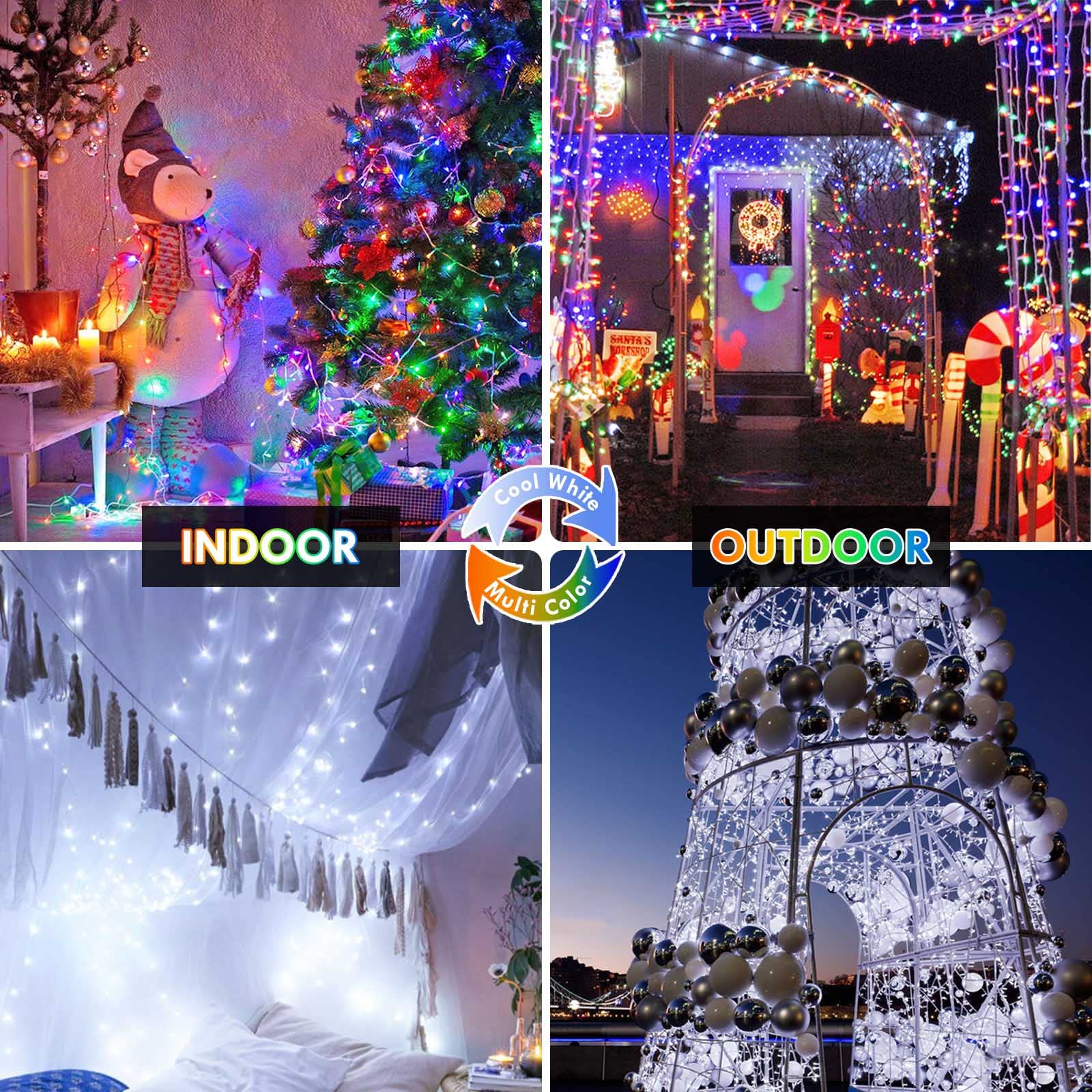 Multicolor To Cool White Color Changing 200 Led 66Ft Christmas String Lights For Outdoor&Indoor, 11 Modes Christmas Tree Clear Wire Fairy Waterproof Lights With Memory Function & Remote & Timer