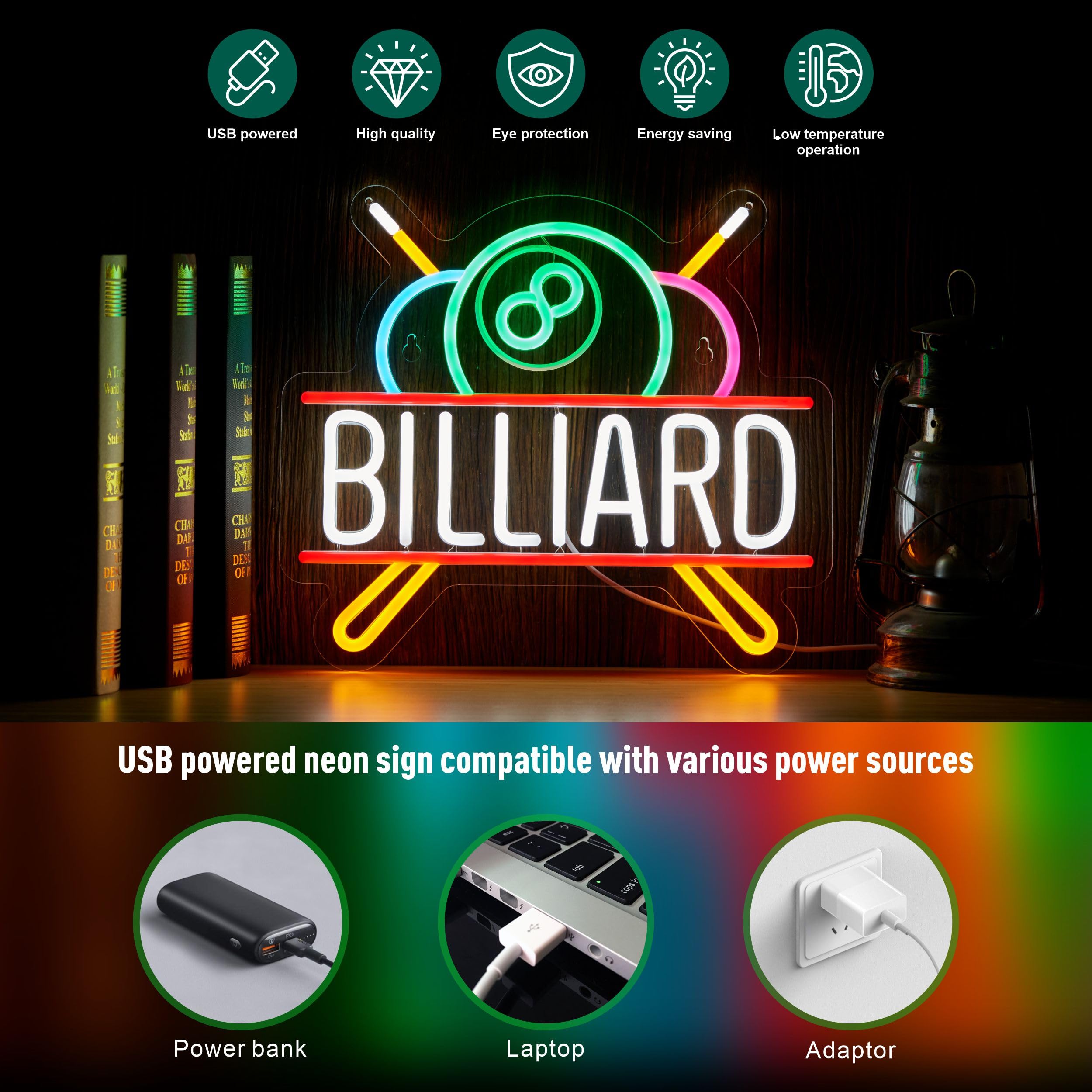 NEONLAND Billiards Neon Sign LED Light for Pool Room Wall Decor 14.2inx12.6in White + Red USB Powered Dimmable Model NL-BILLIARD