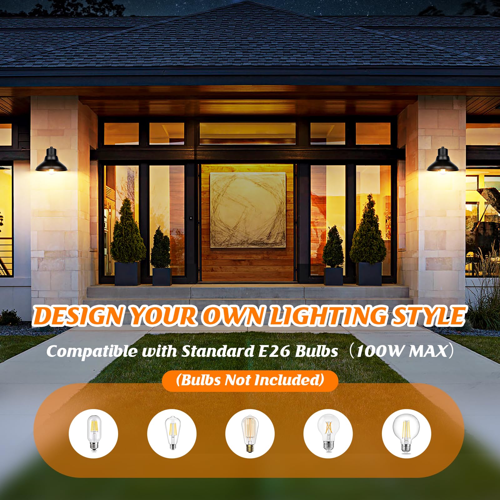 Verron 2-Pack Matte Black Gooseneck Outdoor Wall Lights, Waterproof Industrial Sconces E26 Socket