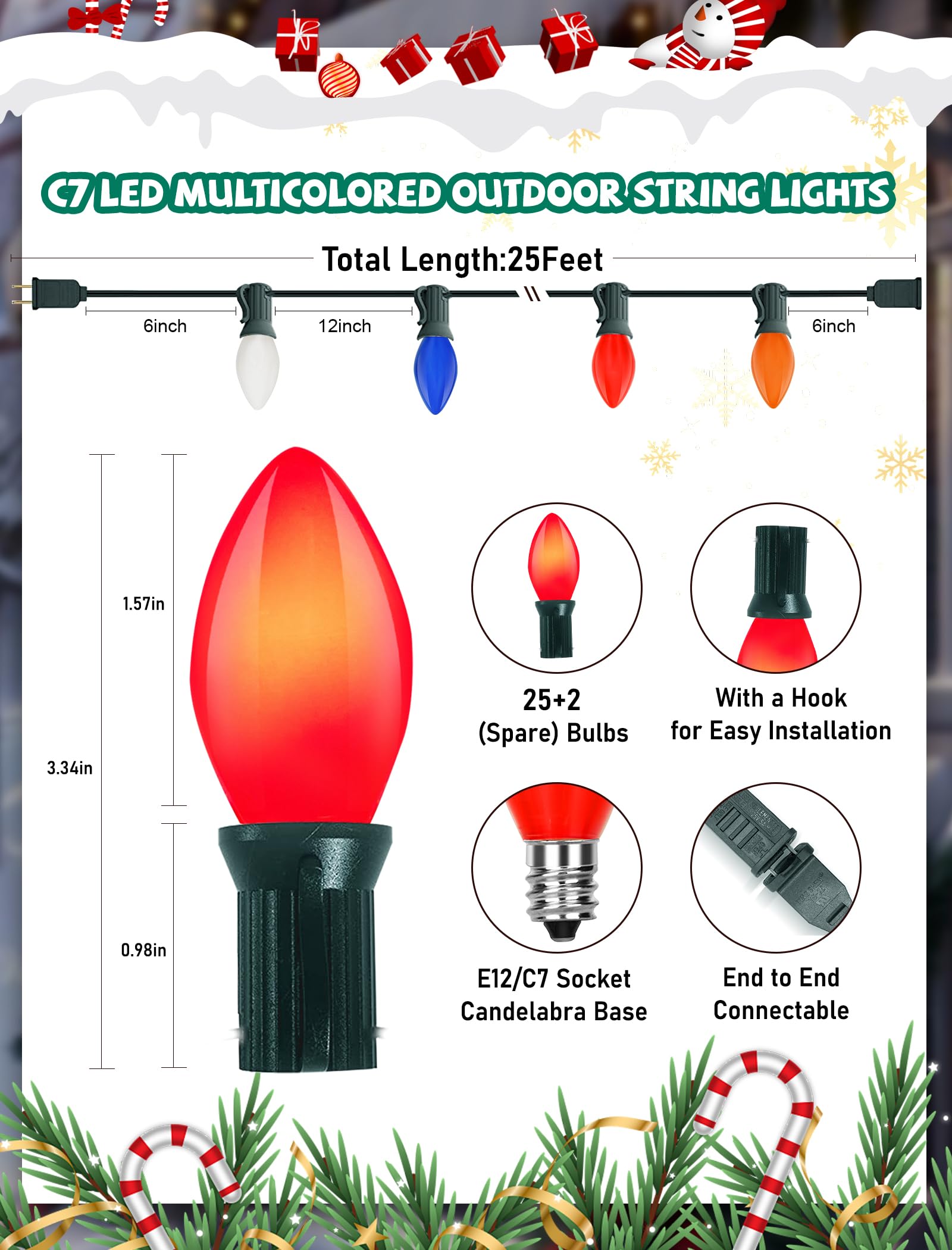 Romasaty C7 Led Multicolor Christmas Lights  25Ft C7 Vintage Christmas Lights With 27 Led Multicolor Glass Bulbs  Outdoor String Lights For Xmas Tree Home Yard Patio Decor  Green Wire