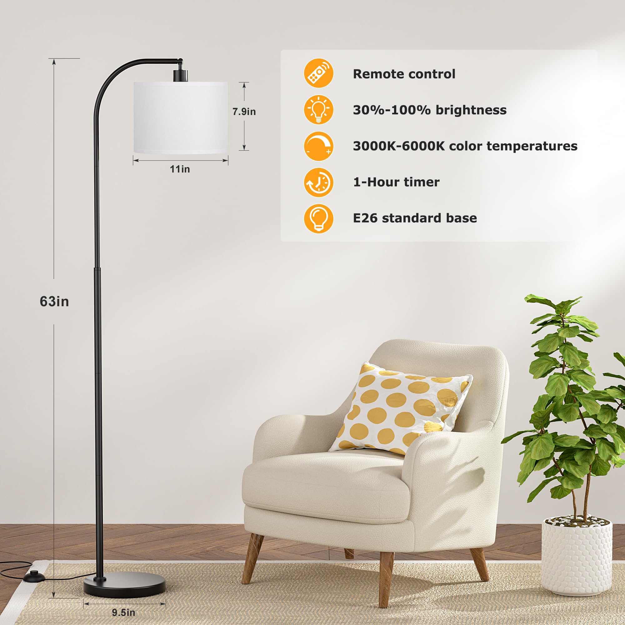 Ambimall Arc Floor Lamp, Remote & Stepless Dimmable, 63 inches, White Shade & Black Pole, Model RPT-QZB40403