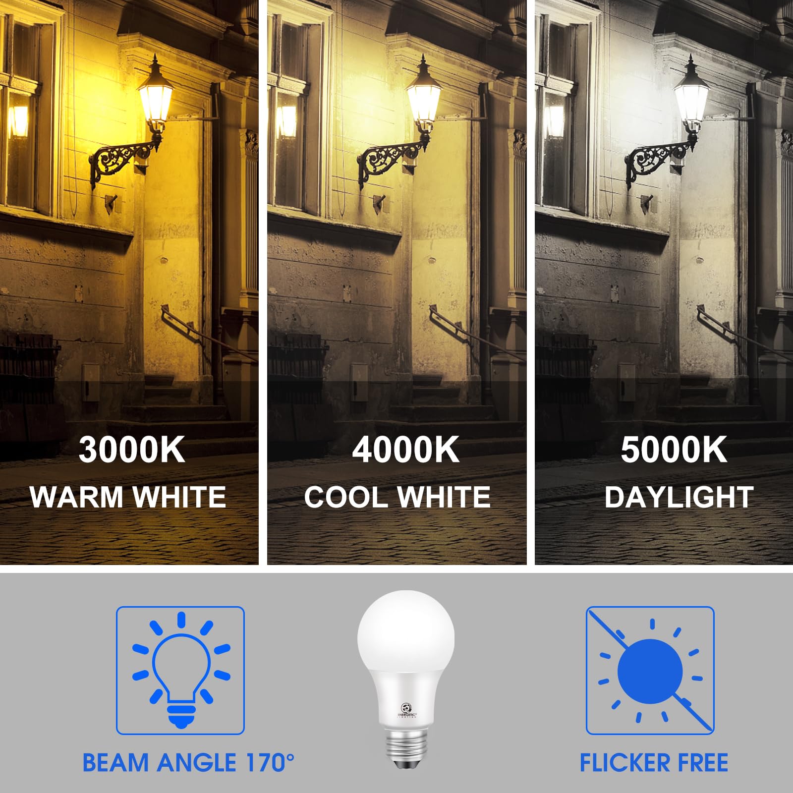 E ENERGETIC LIGHTING Dusk to Dawn LED Outdoor Light Bulb, 9W 1100 Lumens, Warm White 3000K, E26 Base, Automatic On/Off