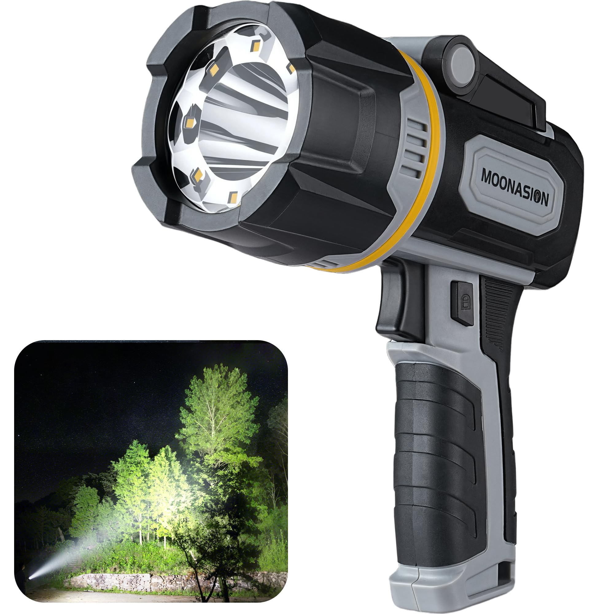 MOONASION Rechargeable LED Spotlight 100000 Lumen with COB Light, Foldable Stand, Black, Model SP-2