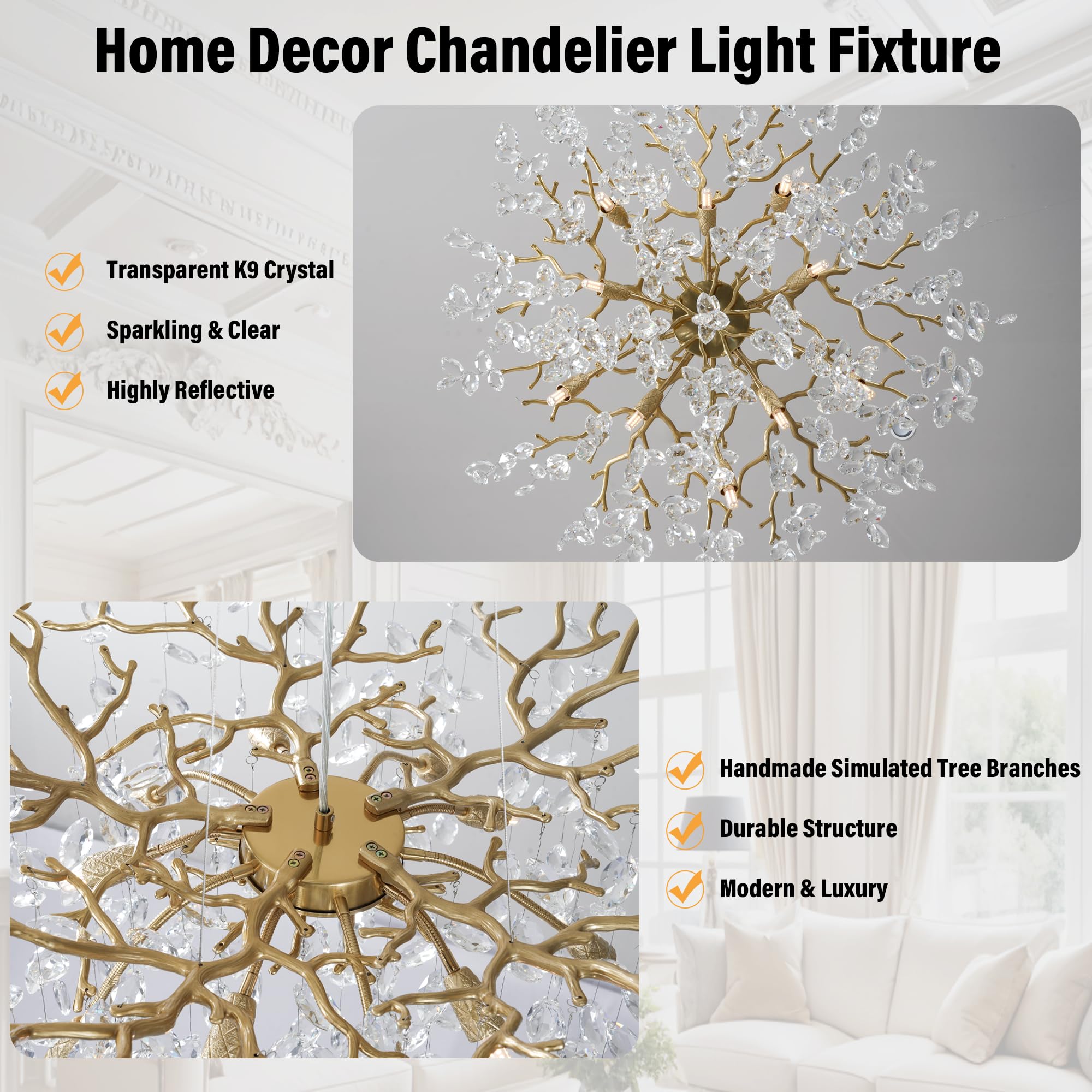Yuyi 23.6 Modern Gold Tree Branch Crystal Chandelier  8-Light Round Raindrop Pendant Lighting For Dining Room Living Room Bedroom Kitchen Foyer Entryway  stylish K9 Crystal Statement Light Fixture