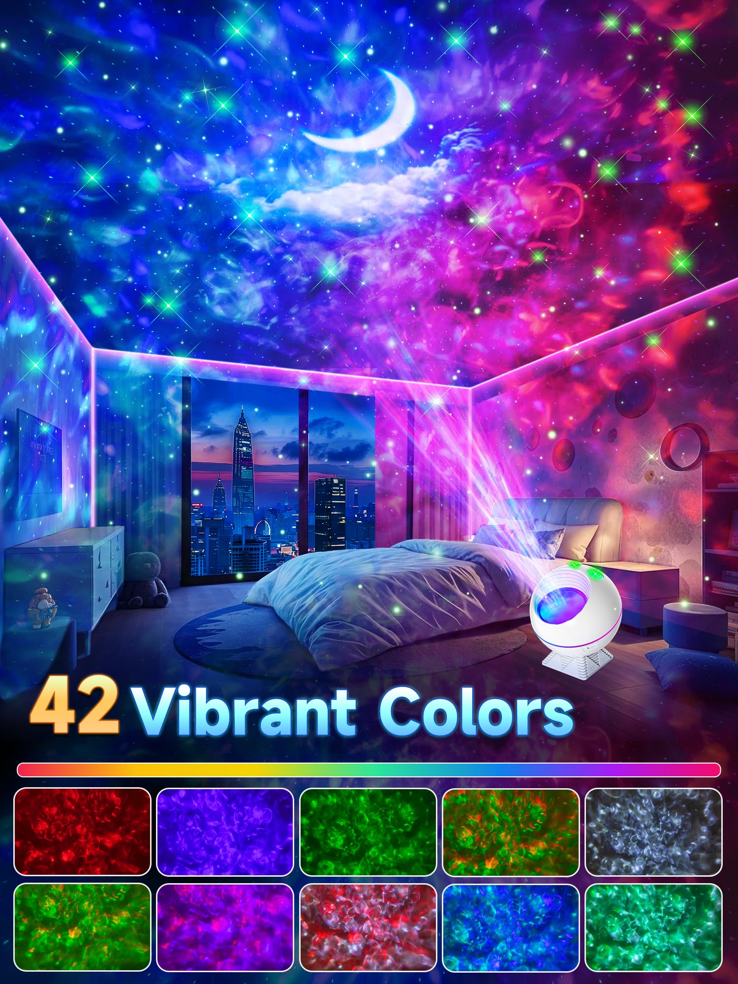 One Fire Galaxy Light Projector - 42 Colors, Dimmable, Remote Control, Model BL-XK04, Cream, Perfect for Kids and Adults