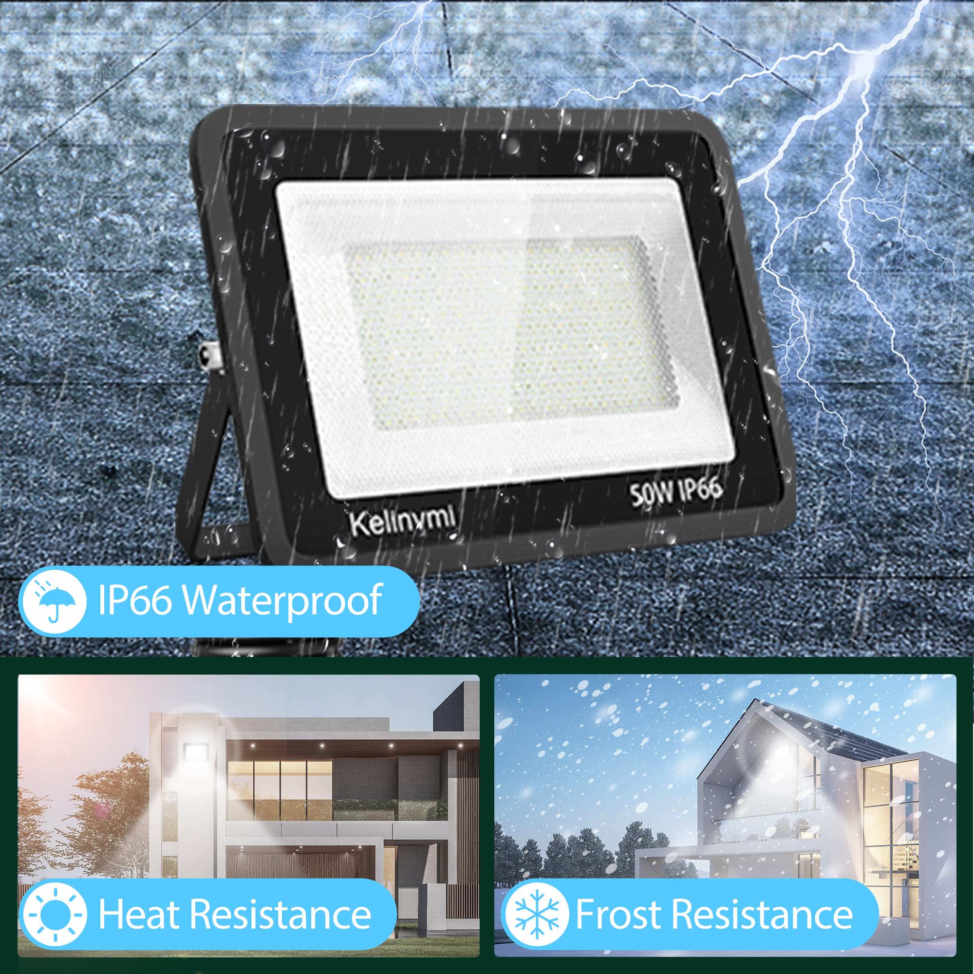kelinvmi LED Flood Light 50W, 5000lm, 6500K, IP66 Outdoor Security Light, Black, Model KLM-50W-6500K, 2