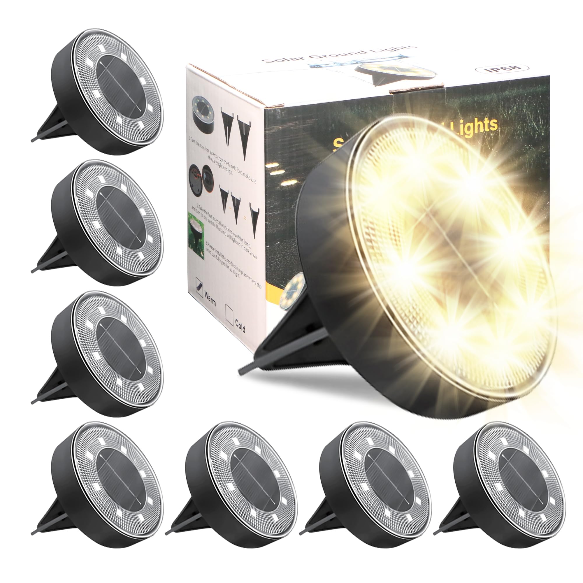 Solar in-Ground Lights 2025, 8 LED Bright Outdoor IP68 Waterproof Garden Upgrade Outdoor Disk Light Landscape Lighting for Patio