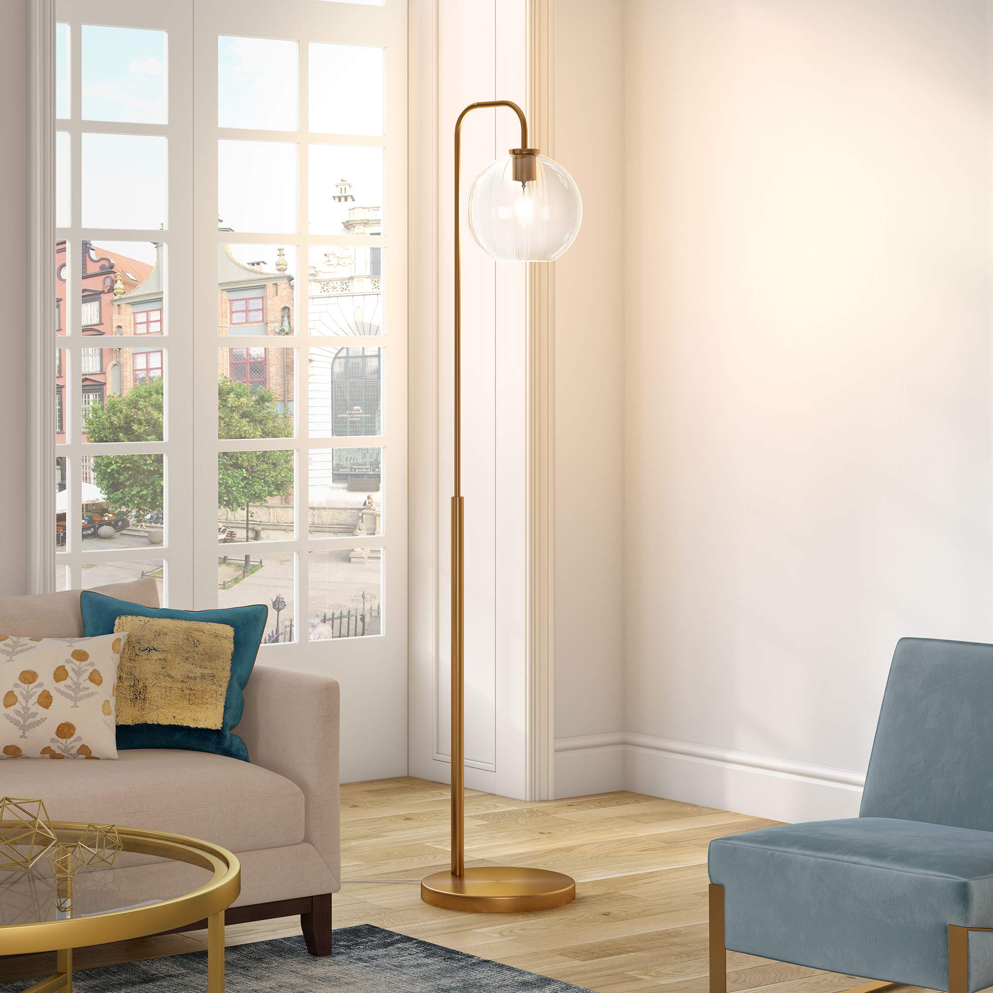 Henn&Hart Harrison Arc Floor Lamp, 62in Tall, Brass/Clear, Model FL0294