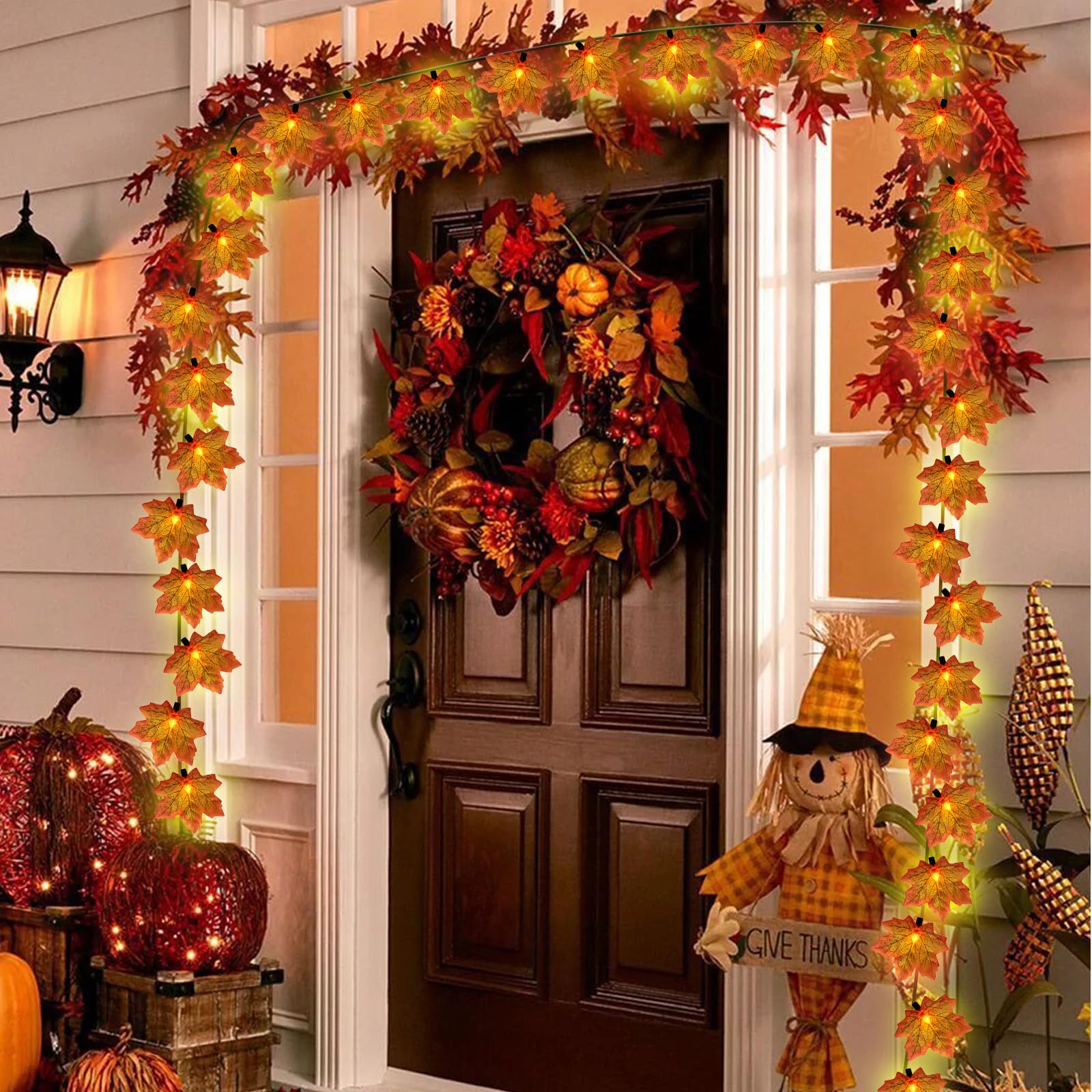 Fall Decor Orange Maple Leaf String Lights Plug In, 13.6Ft Led Outdoor Thanksgiving Decorations Lights With 35 Maple Leaves Lights, Hanging Halloween Fall Leaves Lights For Outdoor Fall Party Window