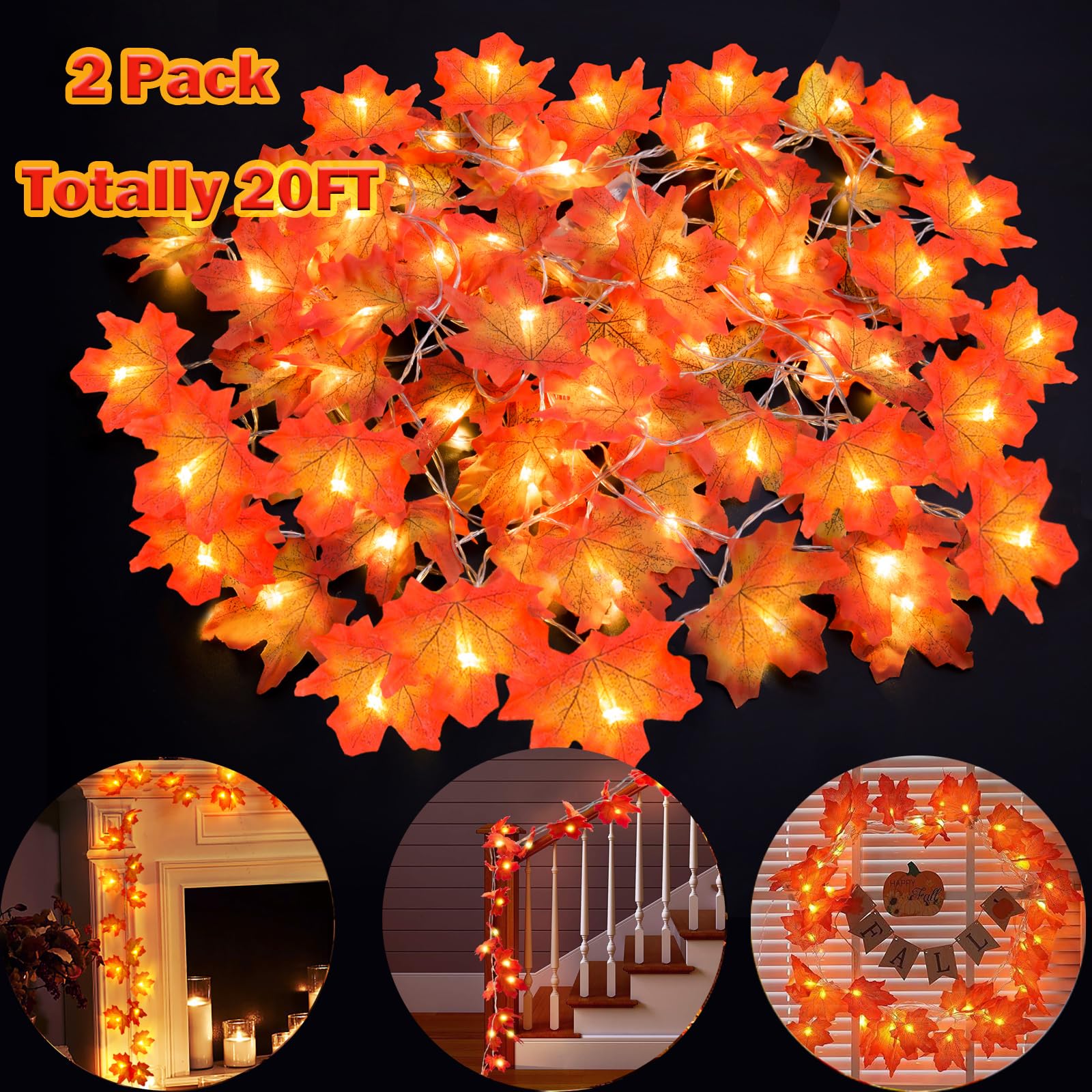 BBPOOL 20Ft Fall Garland String Lights - 40 LED Lighted Maple Leaves for Thanksgiving & Halloween Decor (2 Pack) - White