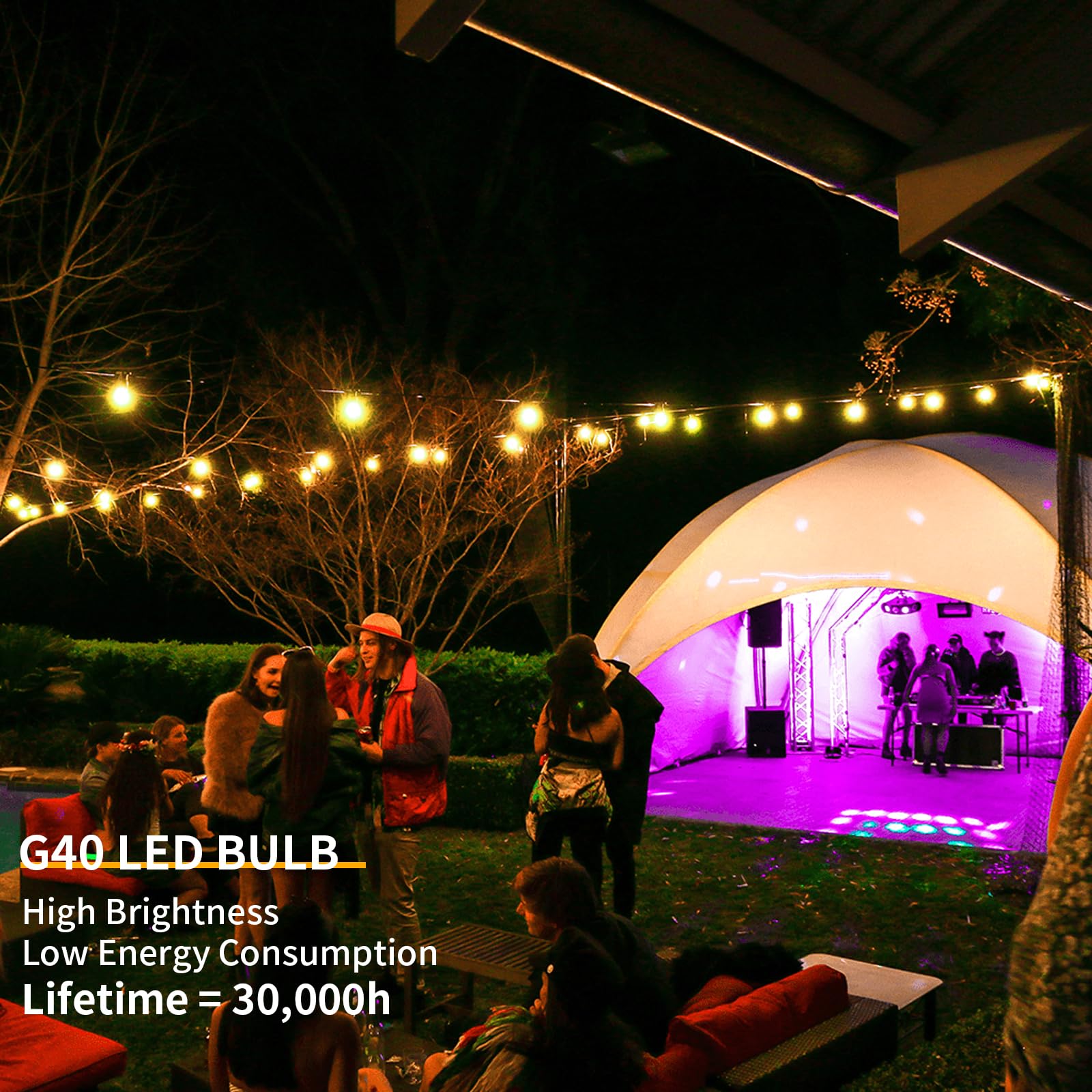 ShineU LED Outdoor String Lights, 40FT Waterproof with 27 Shatterproof G40 Vintage Bulbs, Yellow for Patio, Garden, Bistro, Cafe