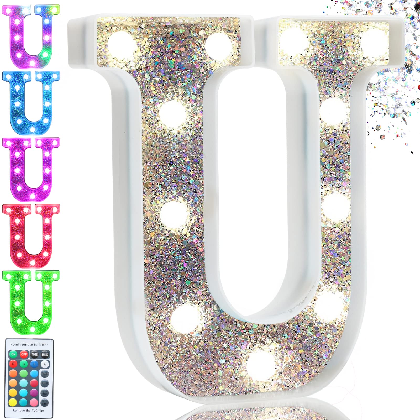 Pooqla LED Marquee Letter Light, Silver, Colorful RGB, Battery Operated, Model S-RGB Silver, Perfect for Parties and Decorations, Letter U